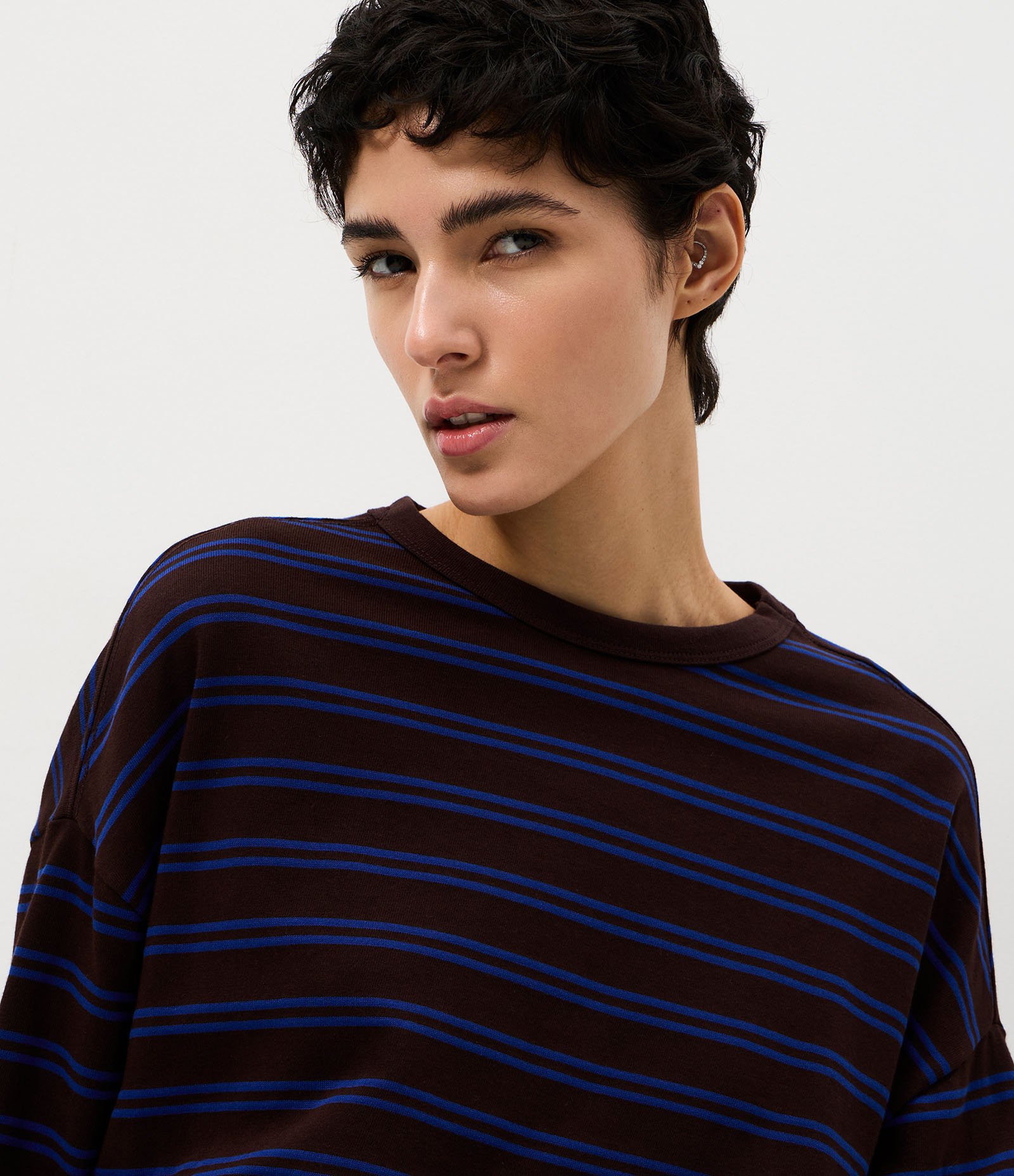 Blusa Oversized em Algodão com Estampa Listrada Marrom/Azul 4