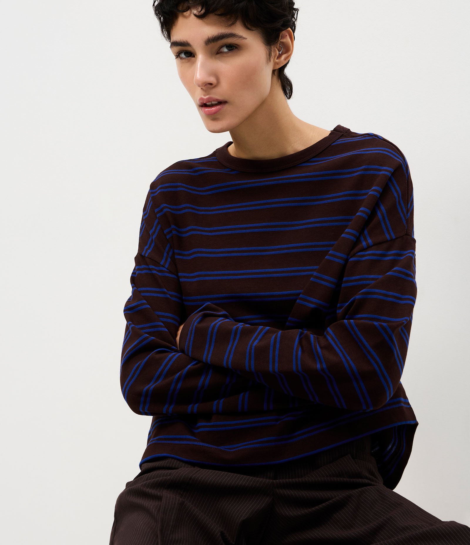 Blusa Oversized em Algodão com Estampa Listrada Marrom/Azul 5