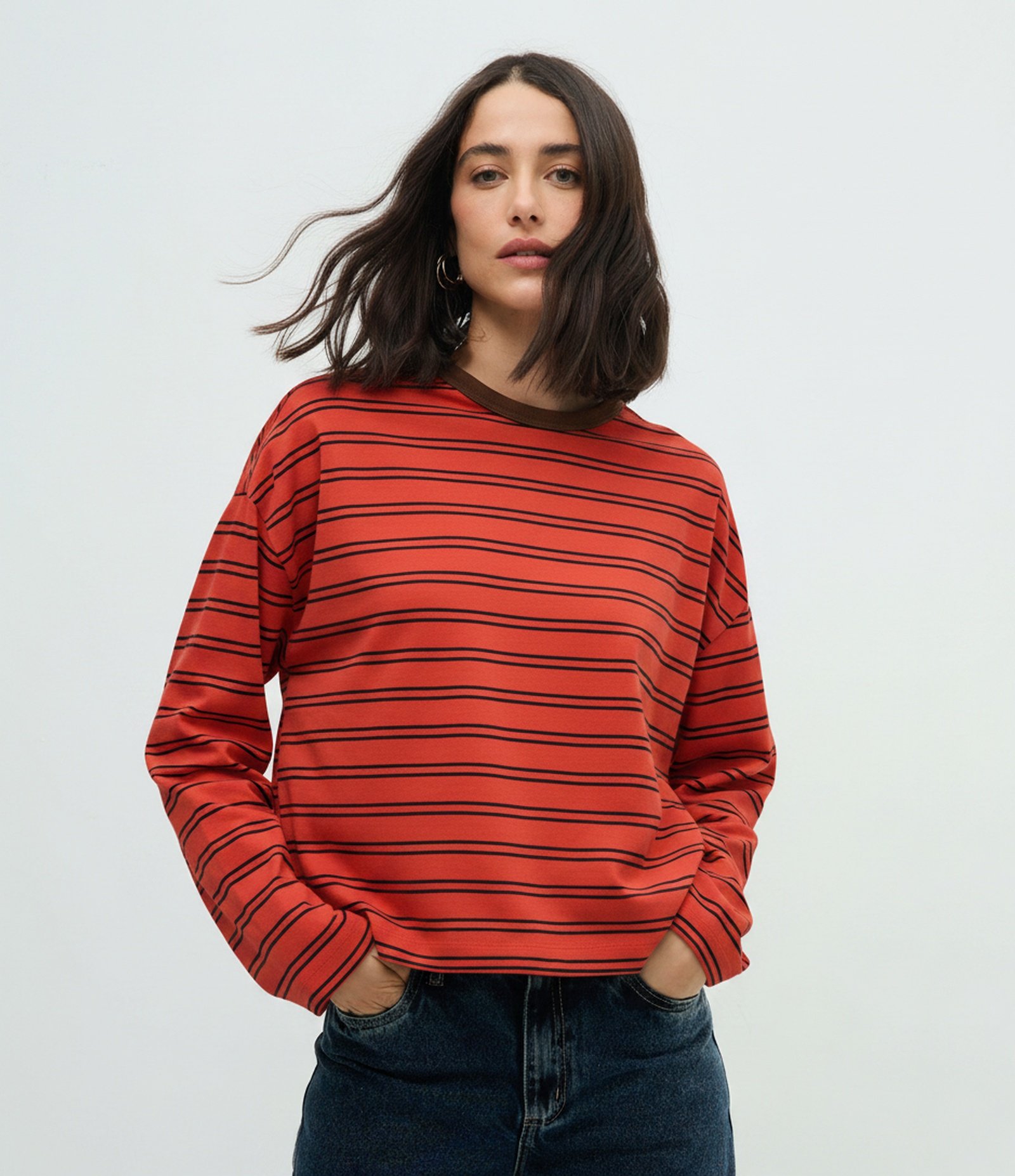 Blusa Oversized em Algodão com Estampa Listrada Vermelho/Marrom 1