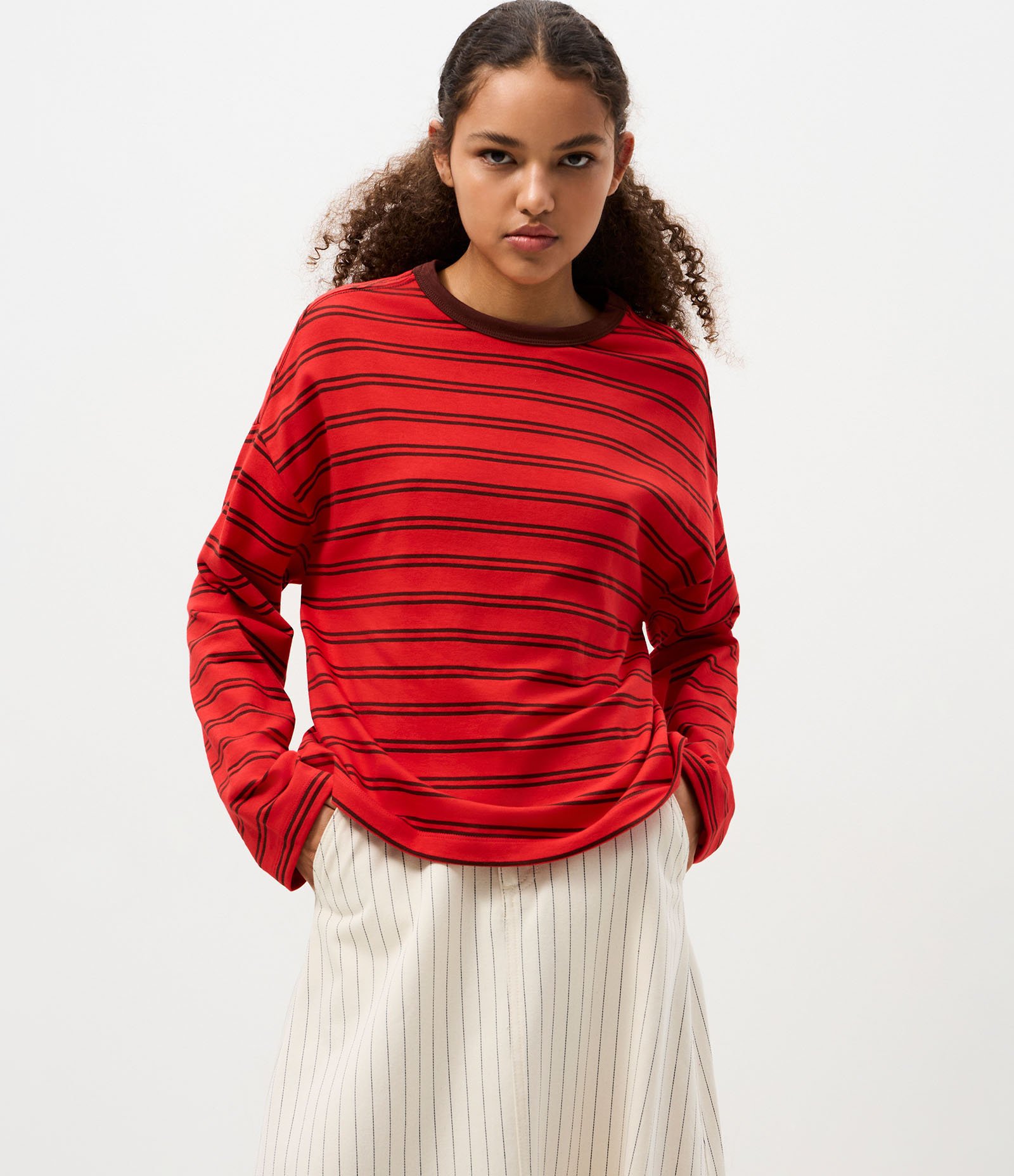 Blusa Oversized em Algodão com Estampa Listrada Vermelho/Marrom 2