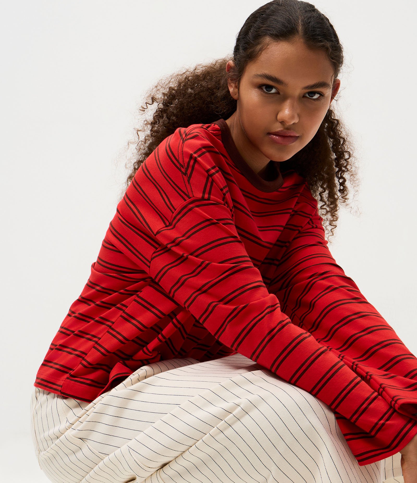 Blusa Oversized em Algodão com Estampa Listrada Vermelho/Marrom 4