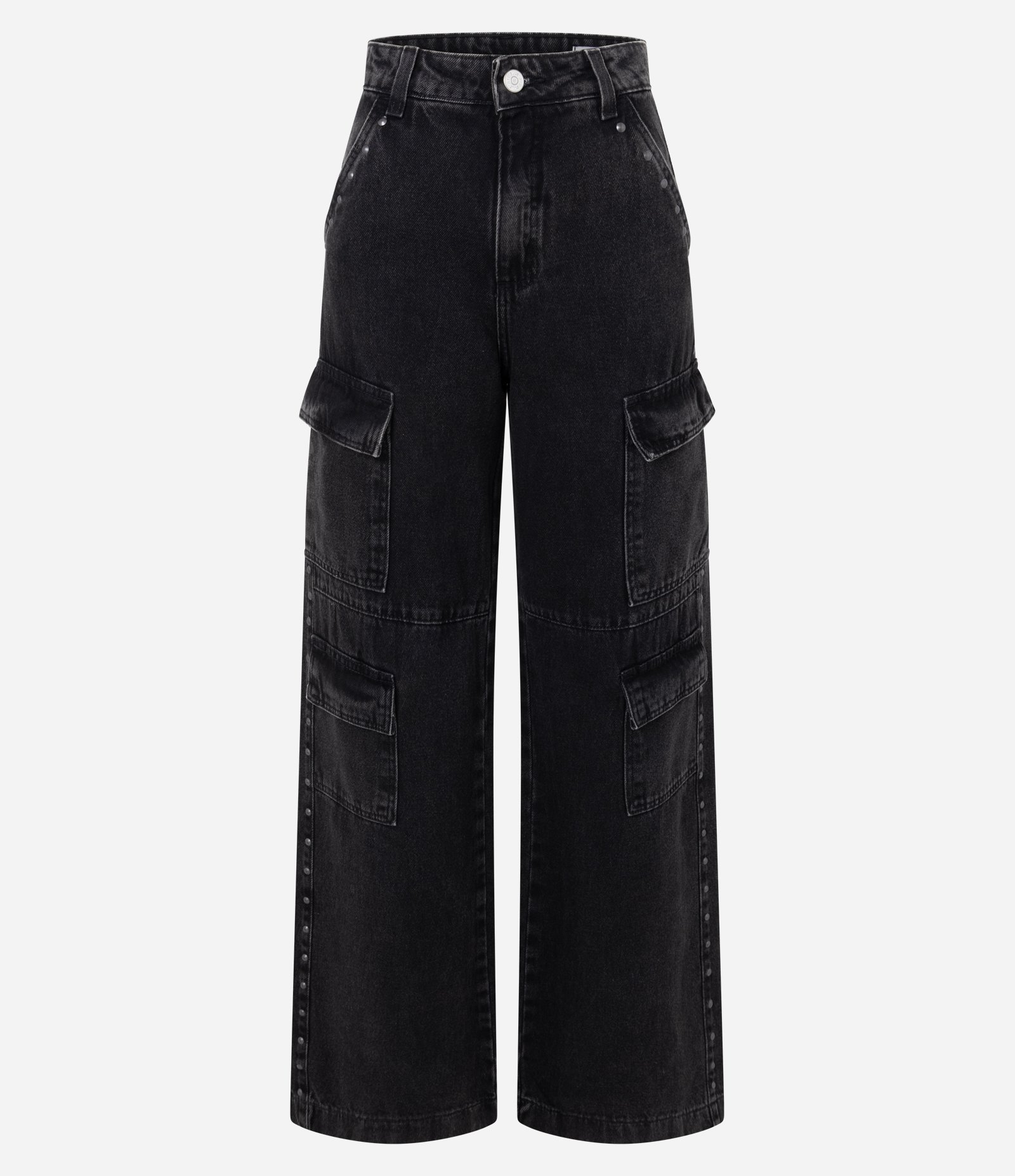 Calça Wide Leg Jeans com Cintura Alta e Tachas Preto 5
