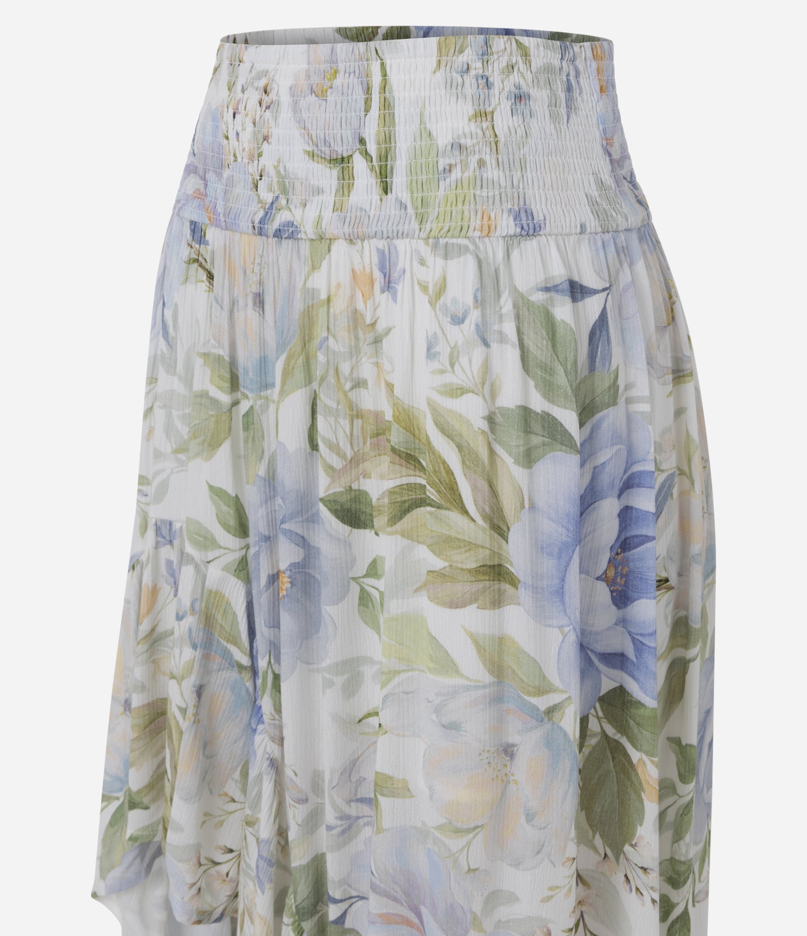Saia Mullet Floral em Viscose Texturizada com Cintura Franzida Branco 2
