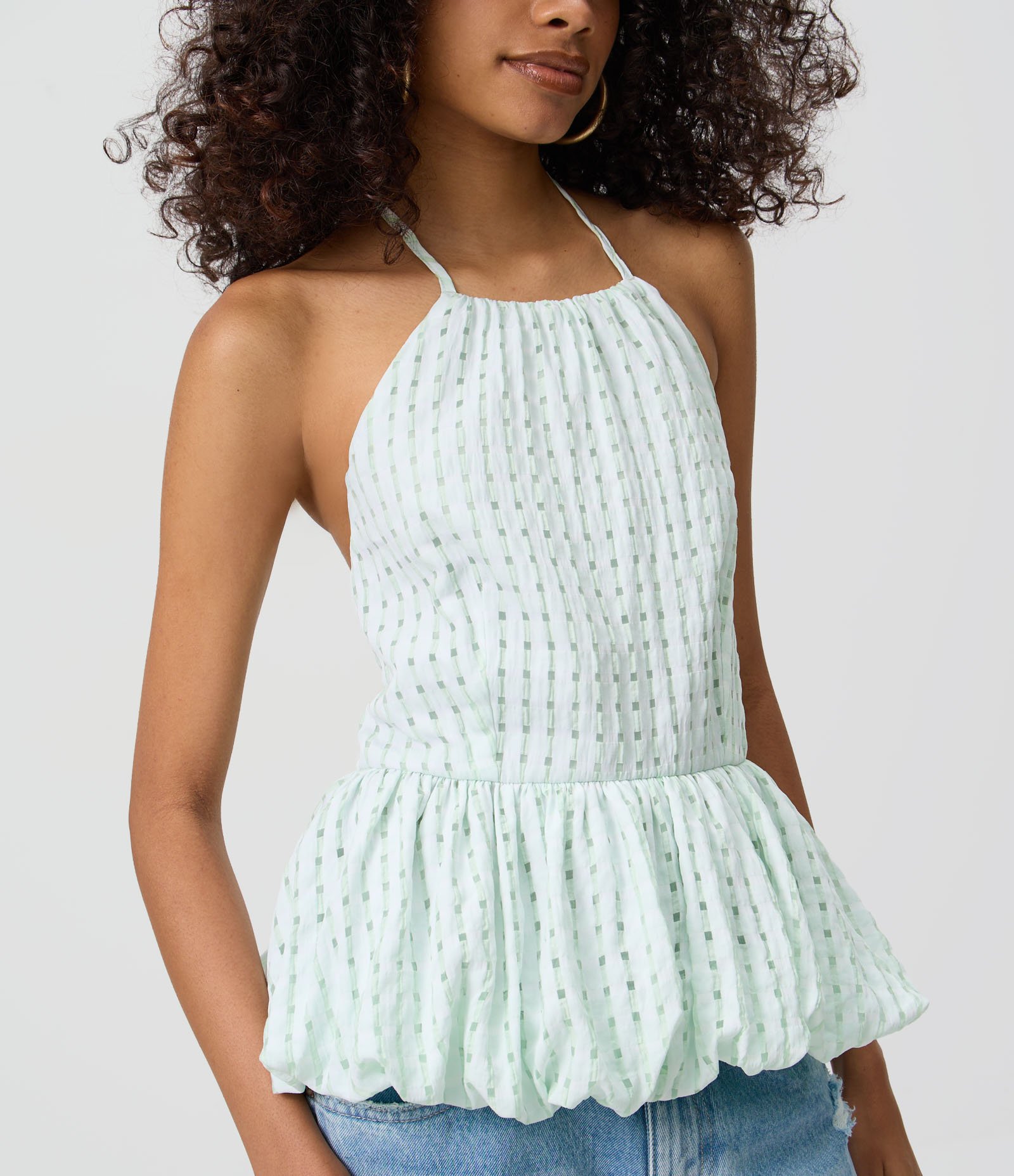 Blusa Balonê Halter com Estampa Xadrez Texturizada e Costas Franzidas Azul 3