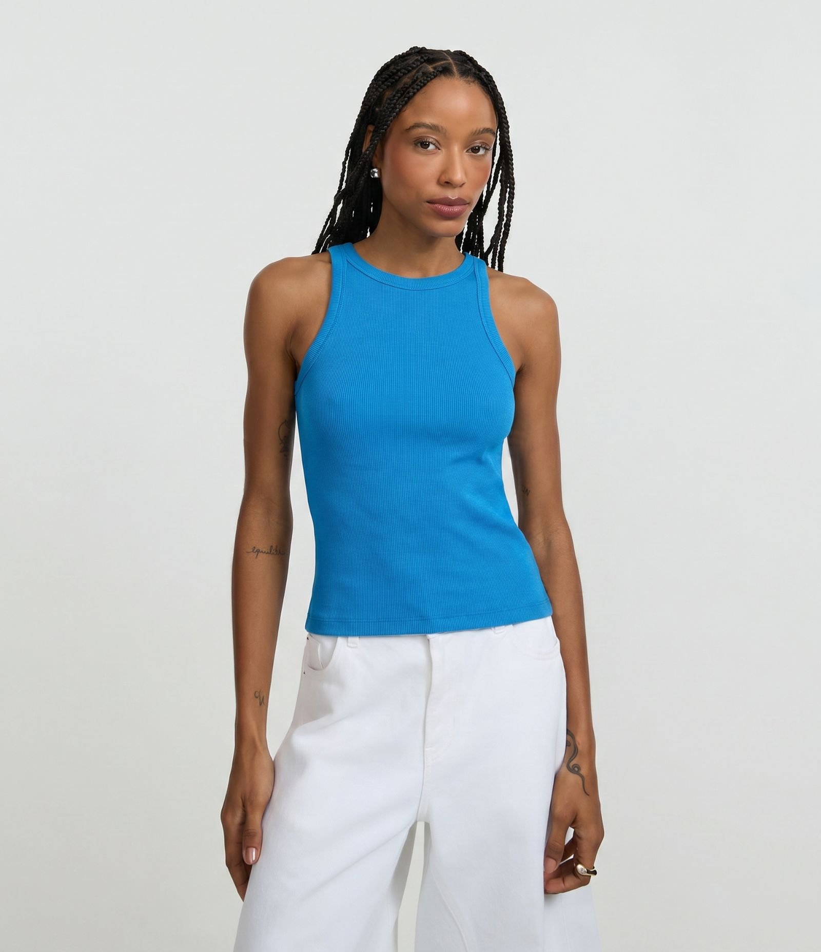 Blusa Regata Canelada em Ribana de Algodão Azul 1