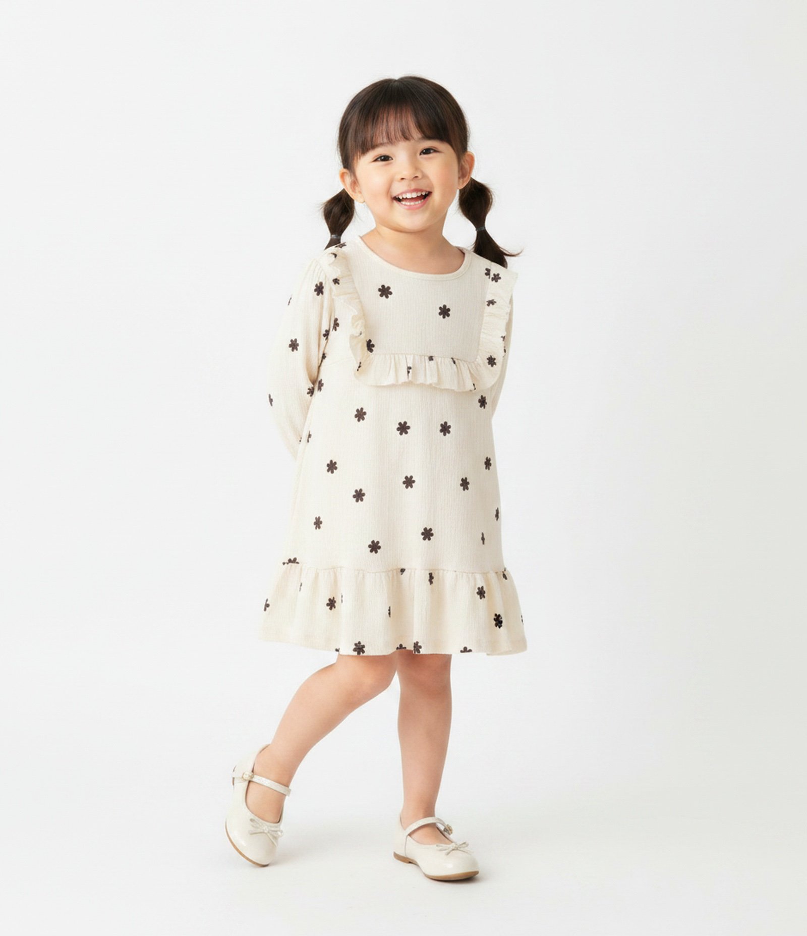 Vestido Infantil em Malha Texturizada com Estampa Floral e Babados - Tam 1 a 6 Anos Bege 1