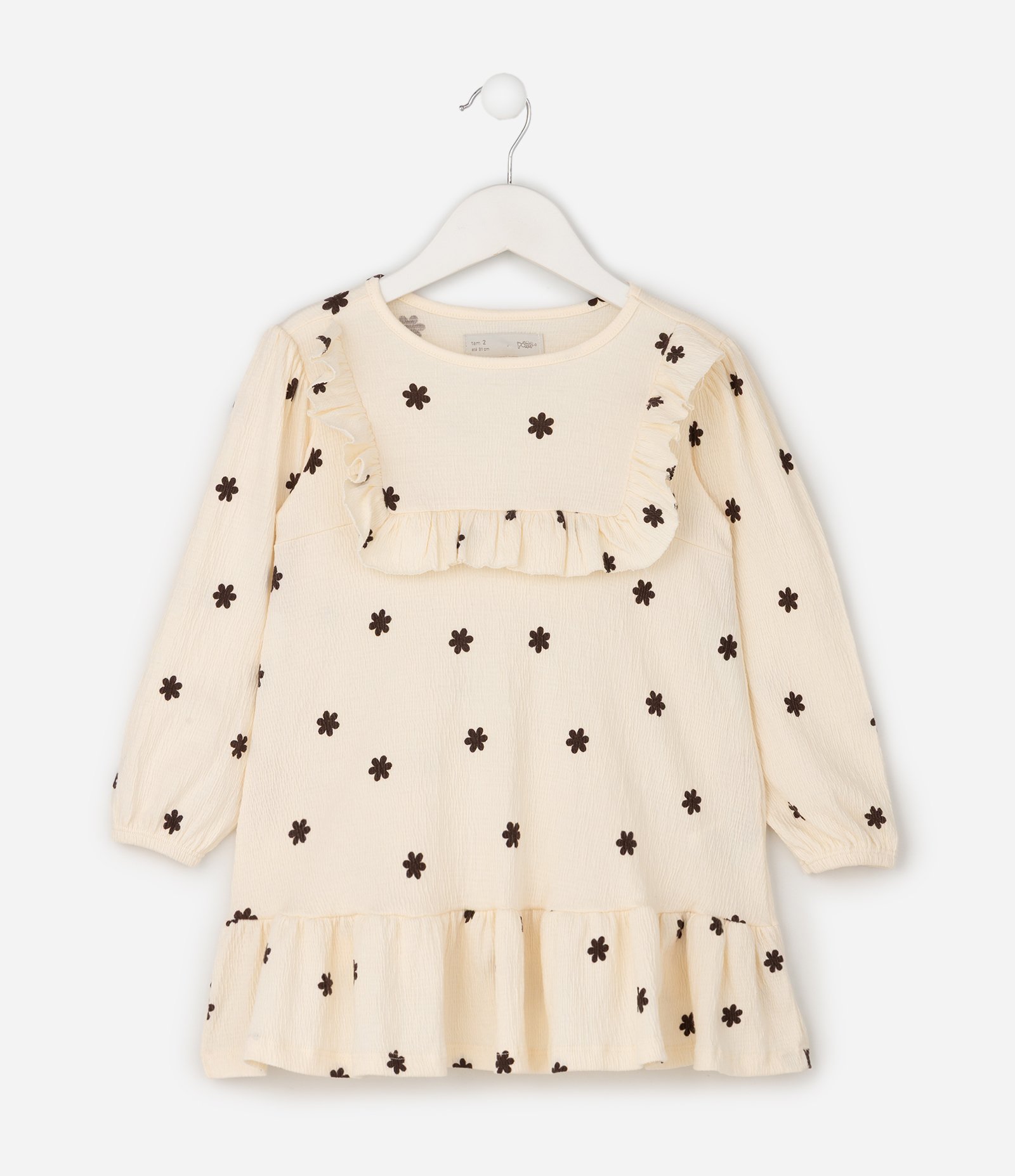 Vestido Infantil em Malha Texturizada com Estampa Floral e Babados - Tam 1 a 6 Anos Bege 2