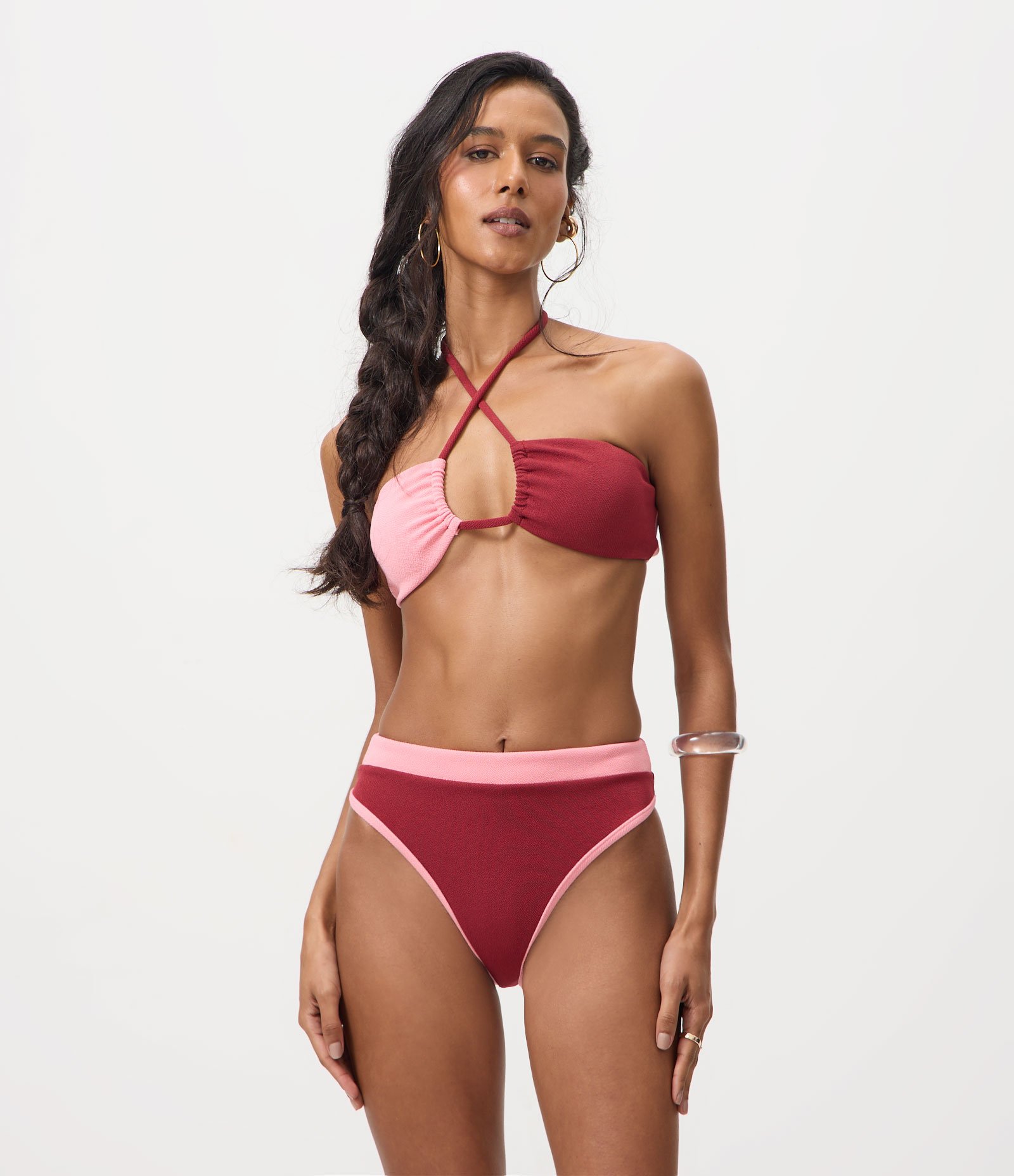 Biquíni Top Bandeau em Crepe com Estampa Color Block Rosa/Vermelho 2