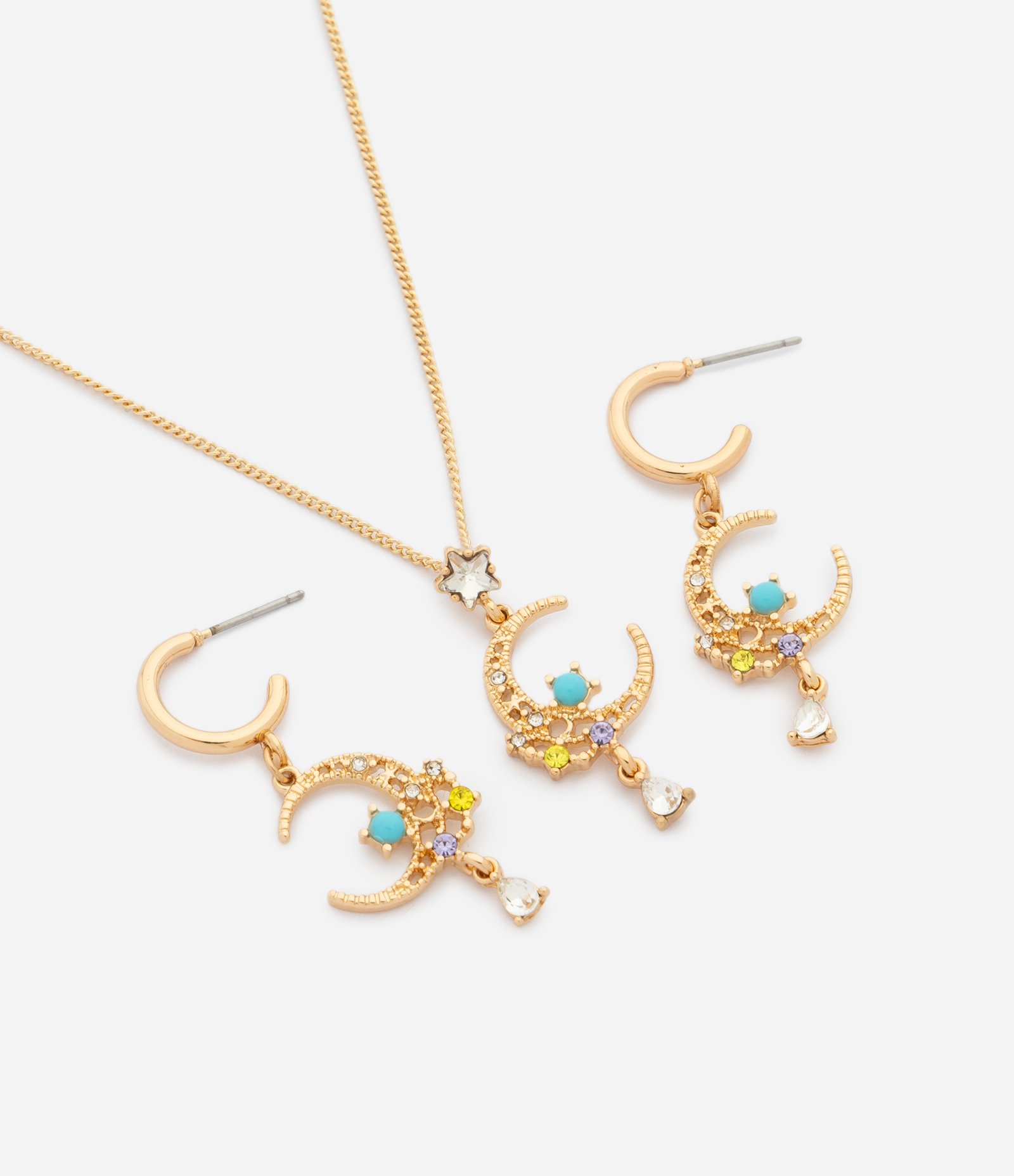 Conjunto de Colar e Brincos com Pingente de Lua Dourado 1