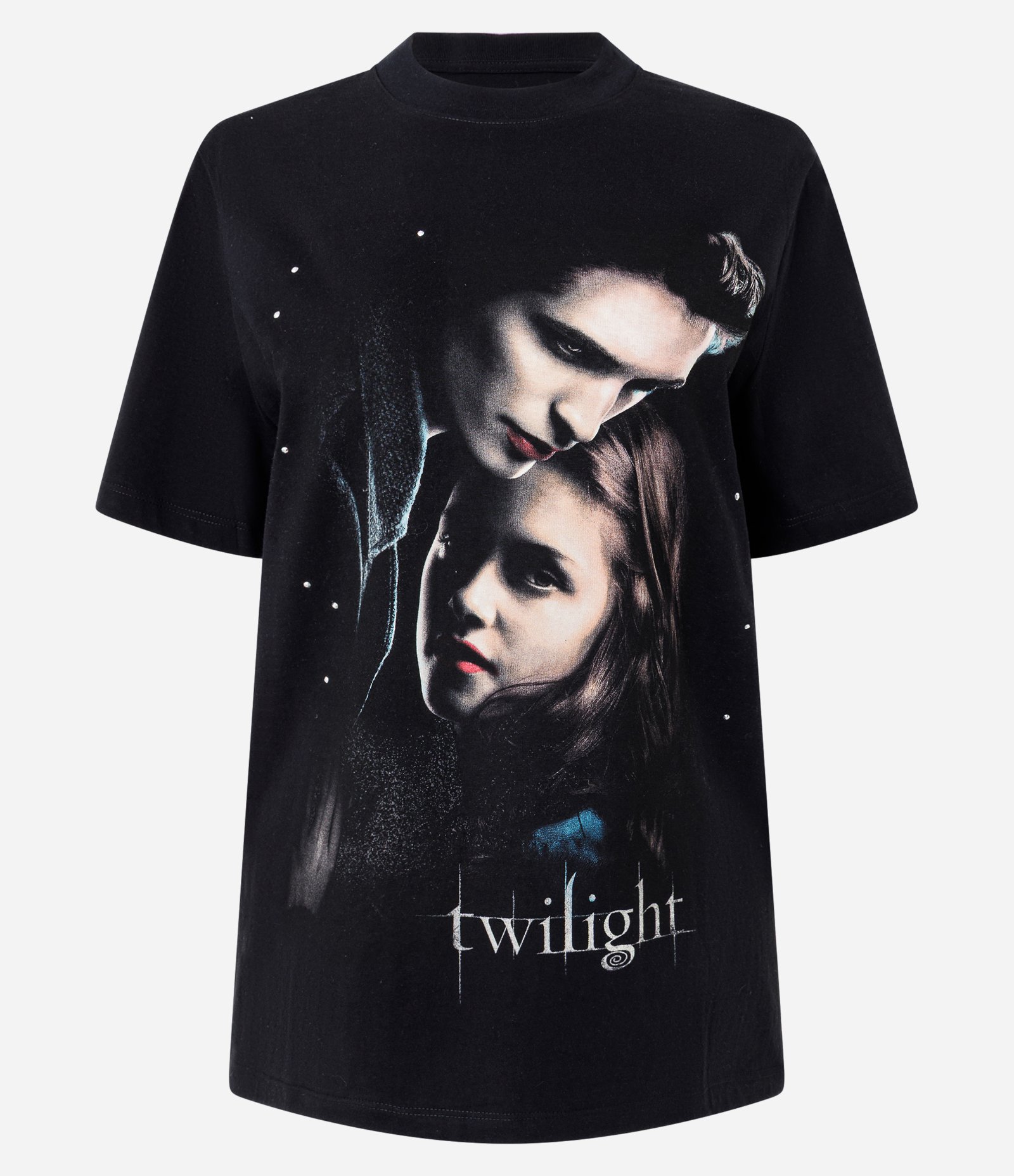 Camiseta Boxy com Estampa Twilight Edward e Bela e Lettering Brilhoso Preto 1