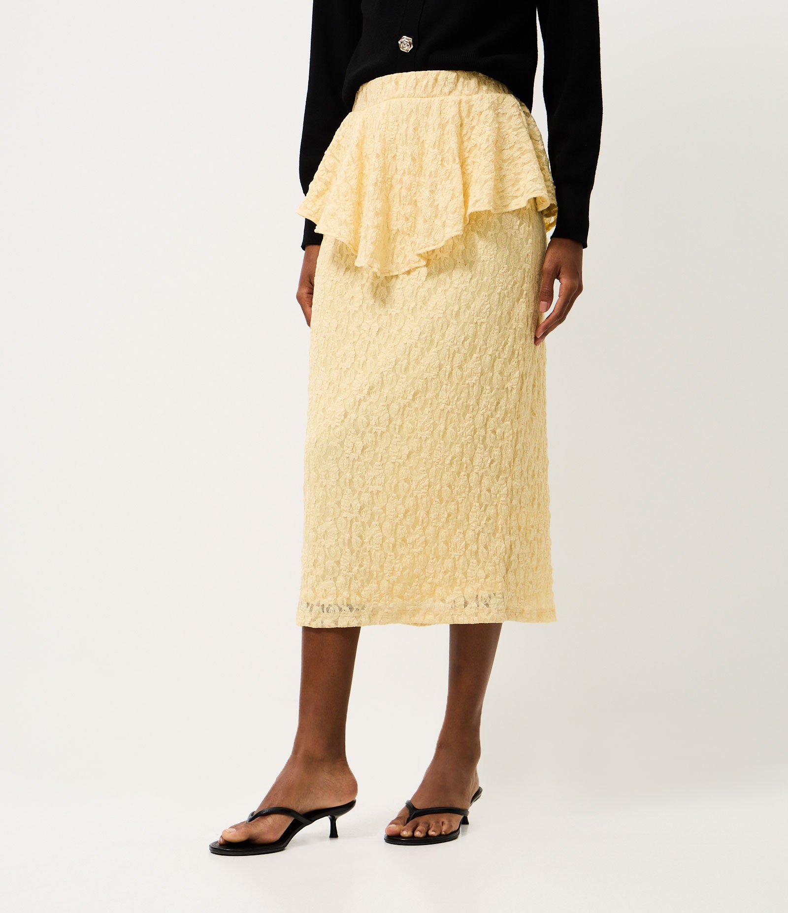 Saia Midi em Renda com Sobreposição Assimétrica Amarelo 2