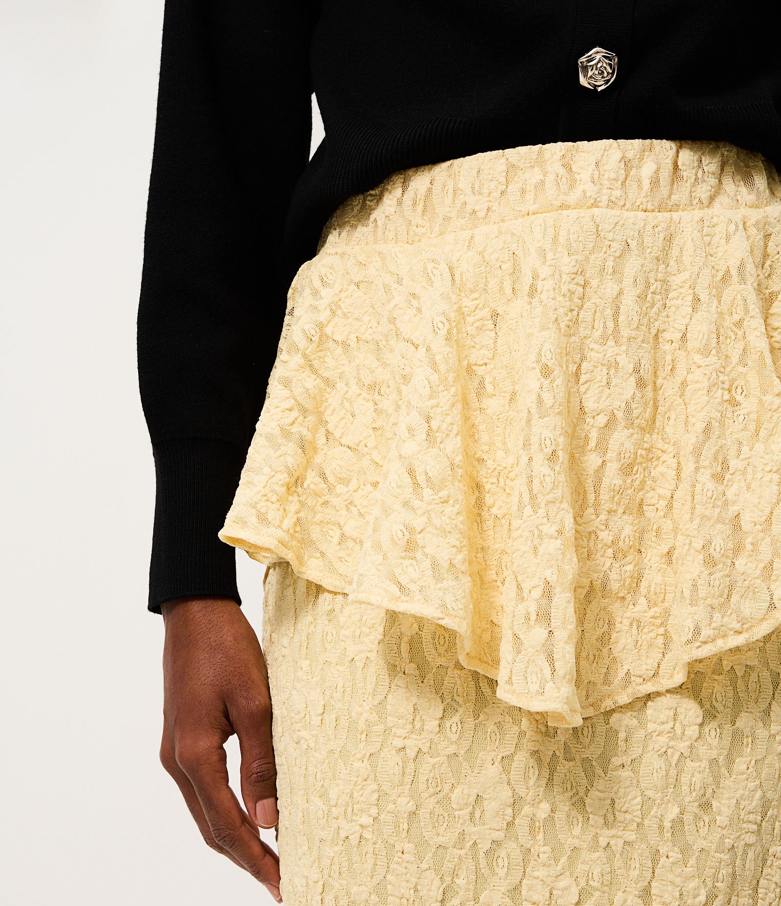 Saia Midi em Renda com Sobreposição Assimétrica Amarelo 3
