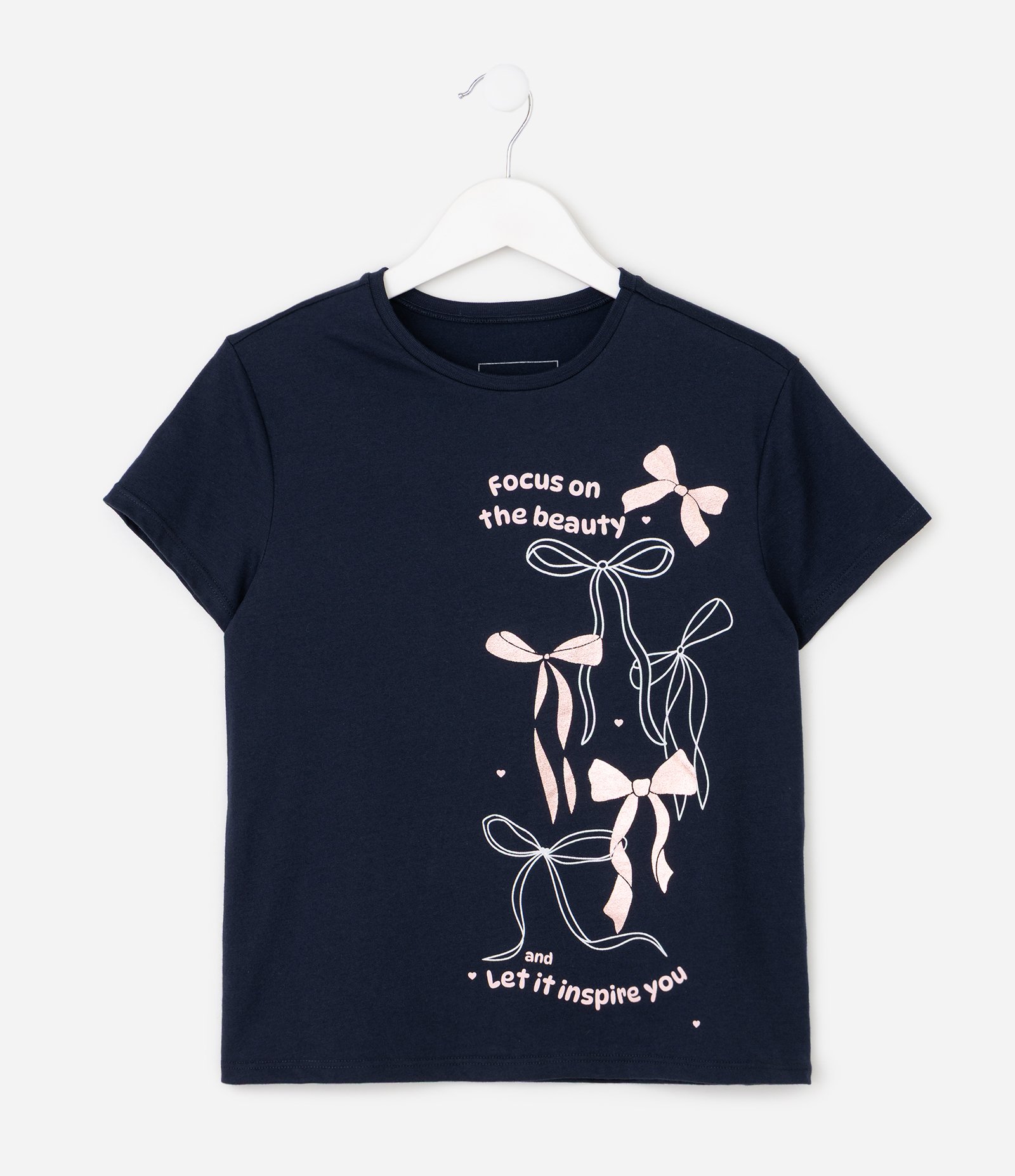 Camiseta Infantil em Algodão Slim com Gola Ribana e Estampa de Laços - Tam 5 a 16 Anos Azul 1