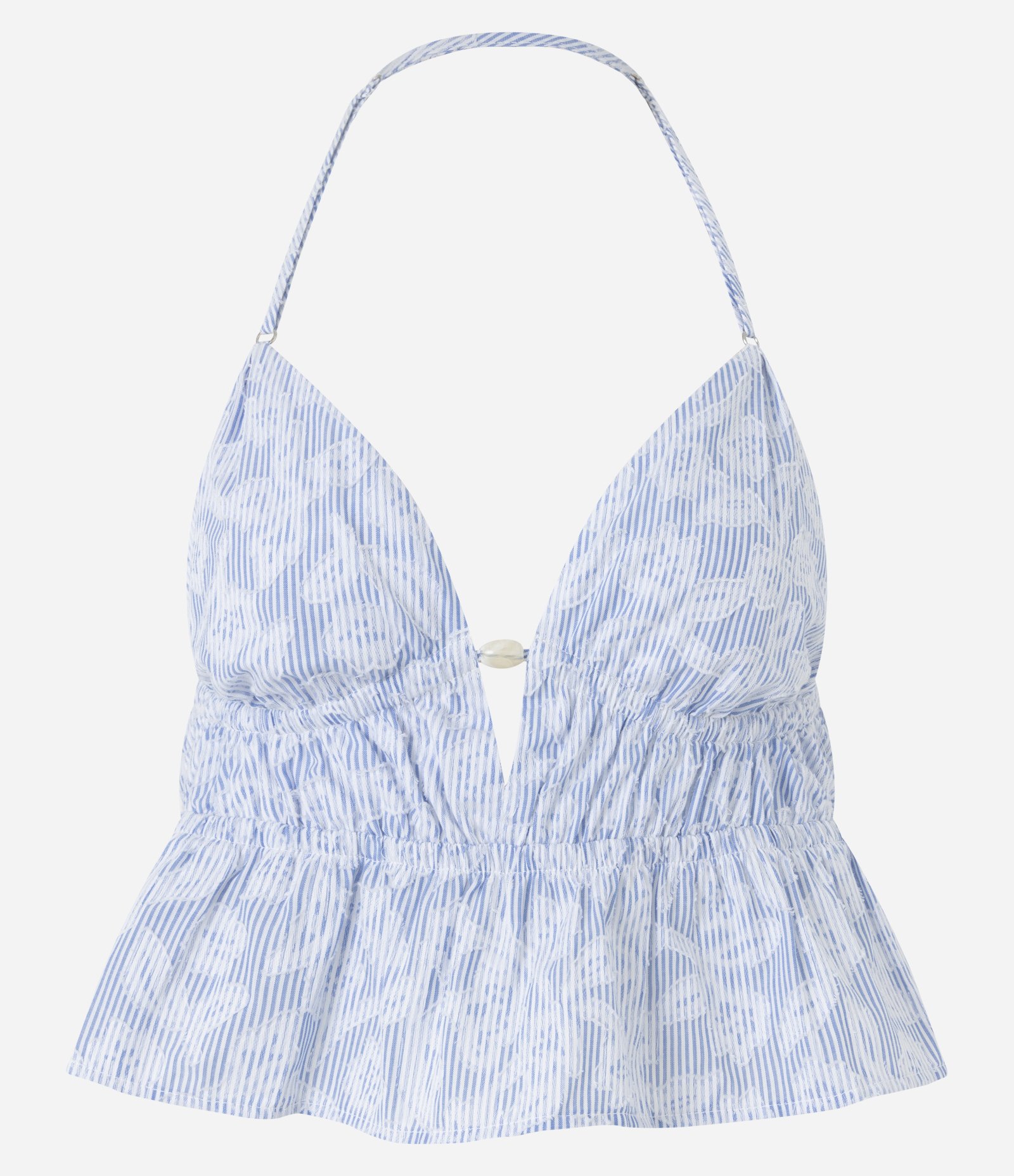 Blusa Frente Única Peplum em Tricoline com Estampa Listrada com Flores Azul 4