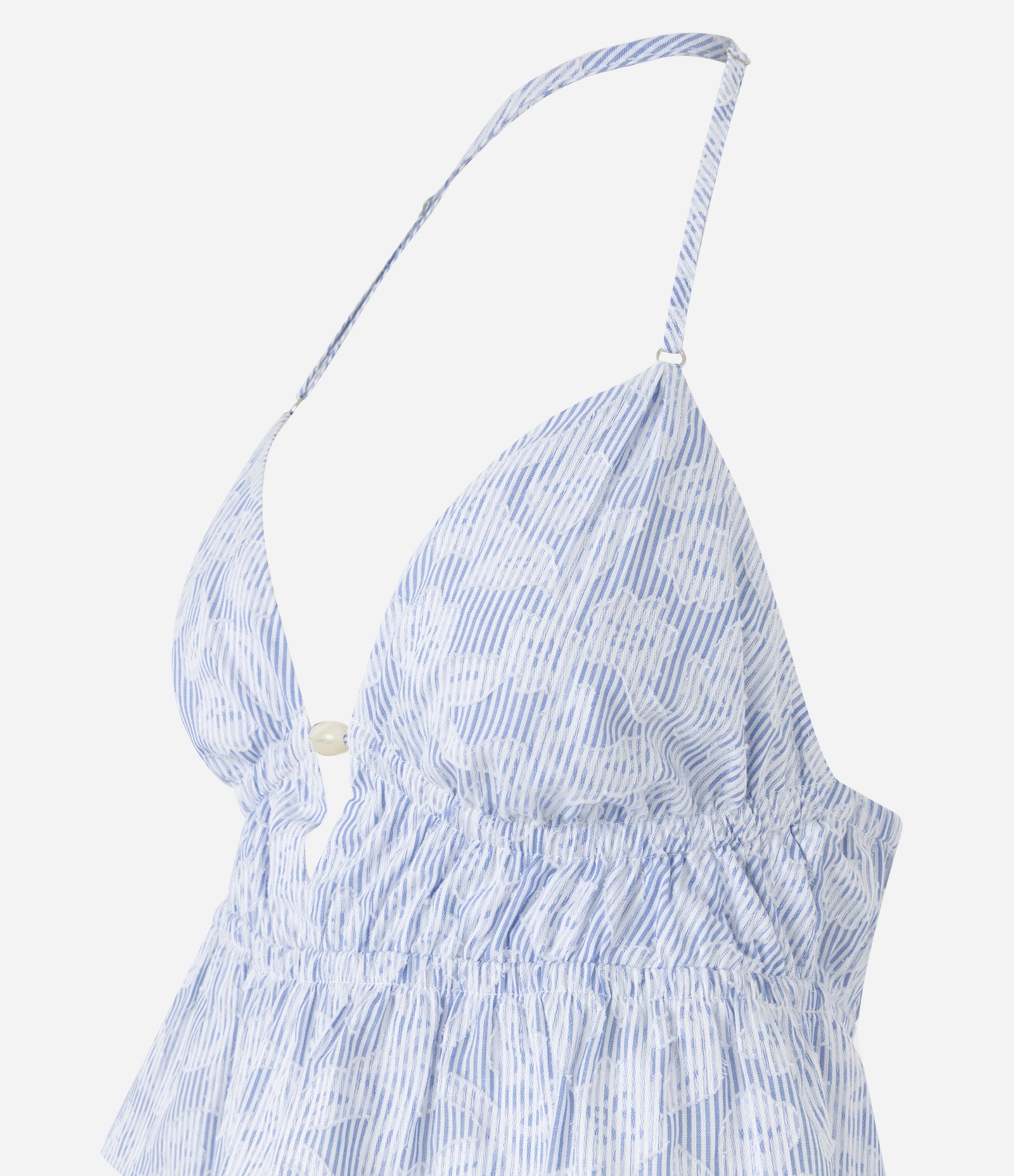 Blusa Frente Única Peplum em Tricoline com Estampa Listrada com Flores Azul 5