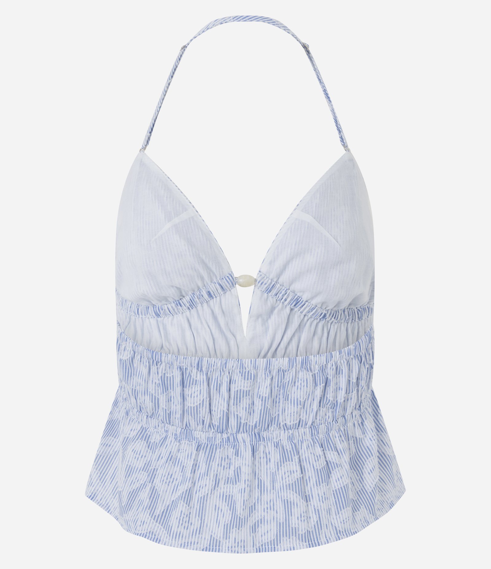 Blusa Frente Única Peplum em Tricoline com Estampa Listrada com Flores Azul 6