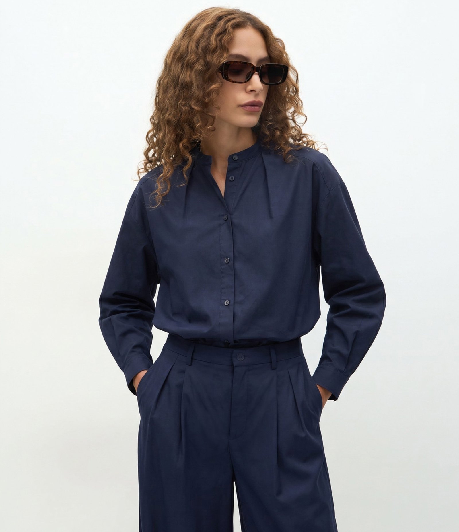 Camisa Oversized em Tricoline com Gola Padre Azul 1