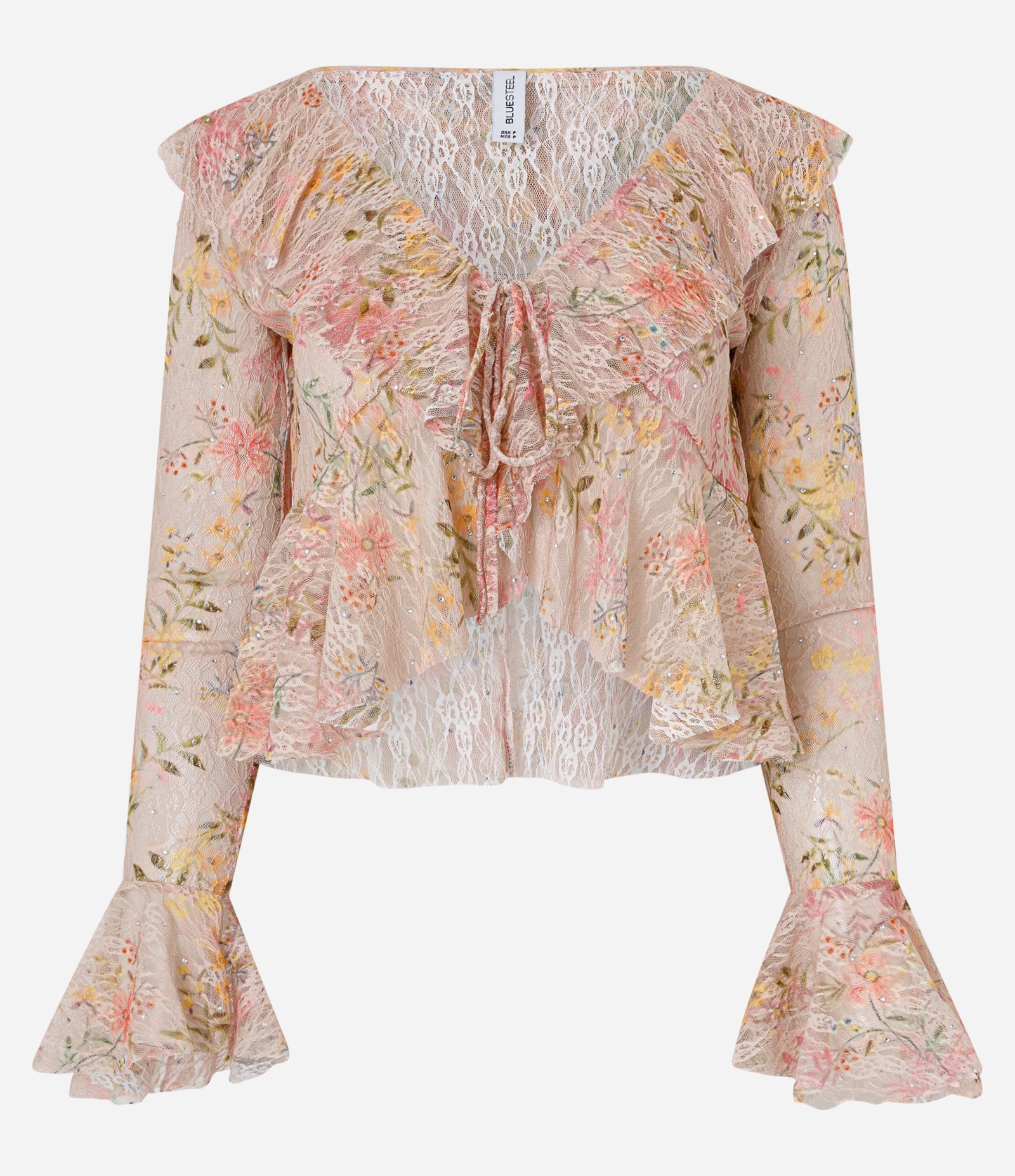 Blusa Floral em Renda com Babados e Amarração Frontal Rosa 4