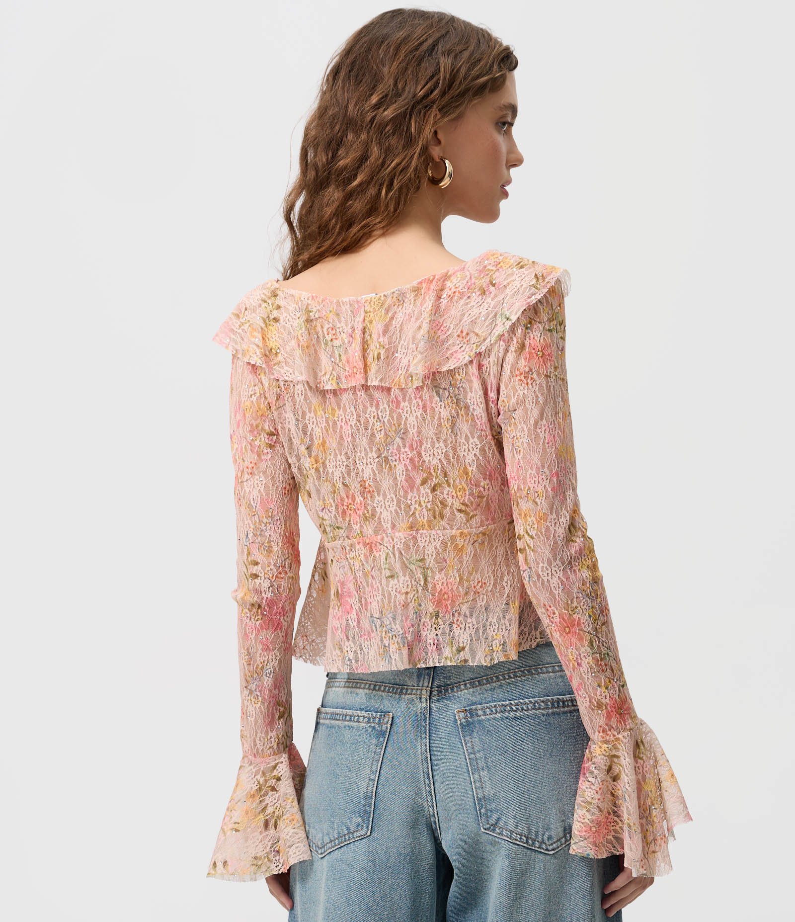 Blusa Floral em Renda com Babados e Amarração Frontal Rosa 3