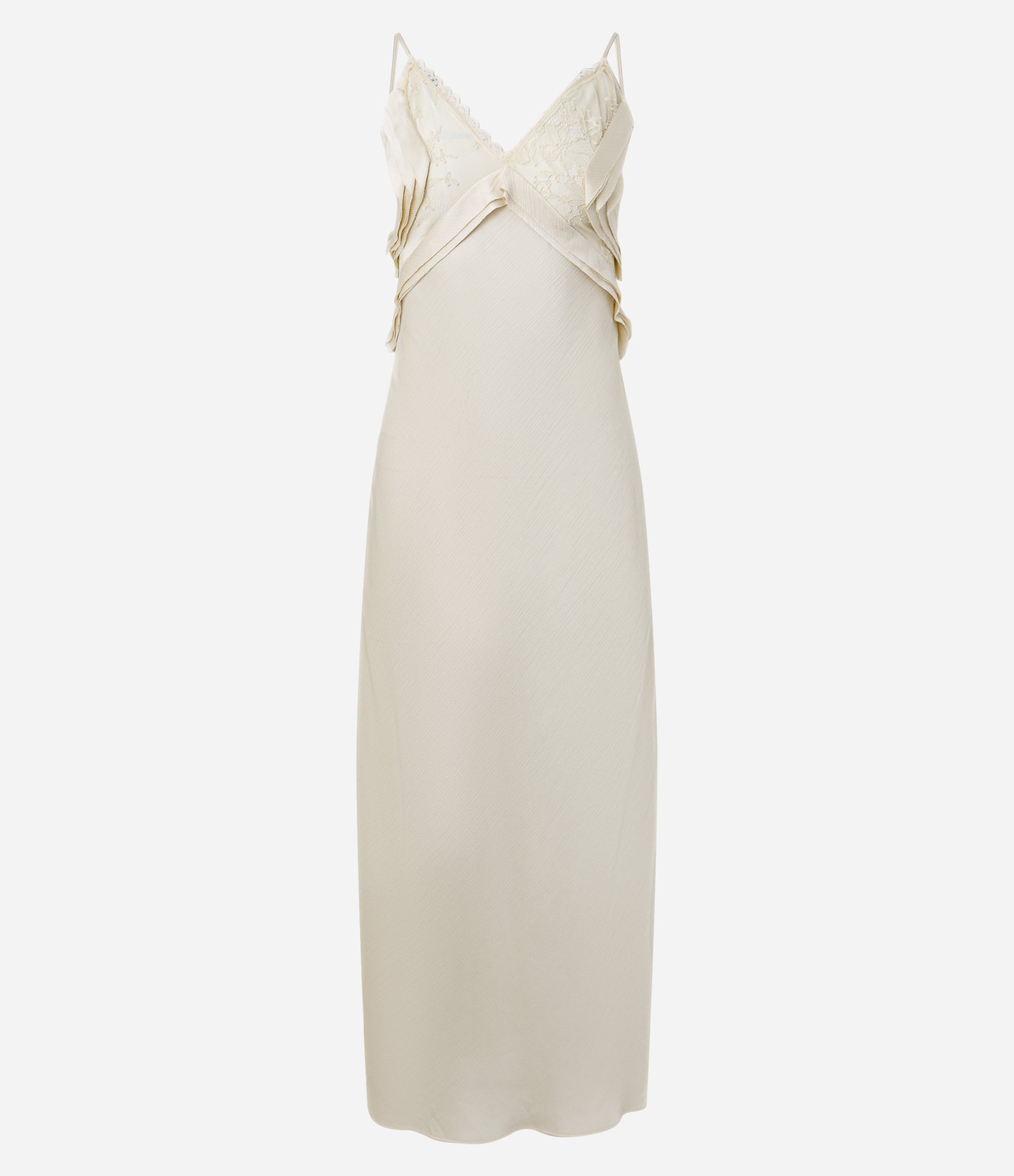 Vestido Longo Acetinado Texturizado com Renda e Babados Off White 5