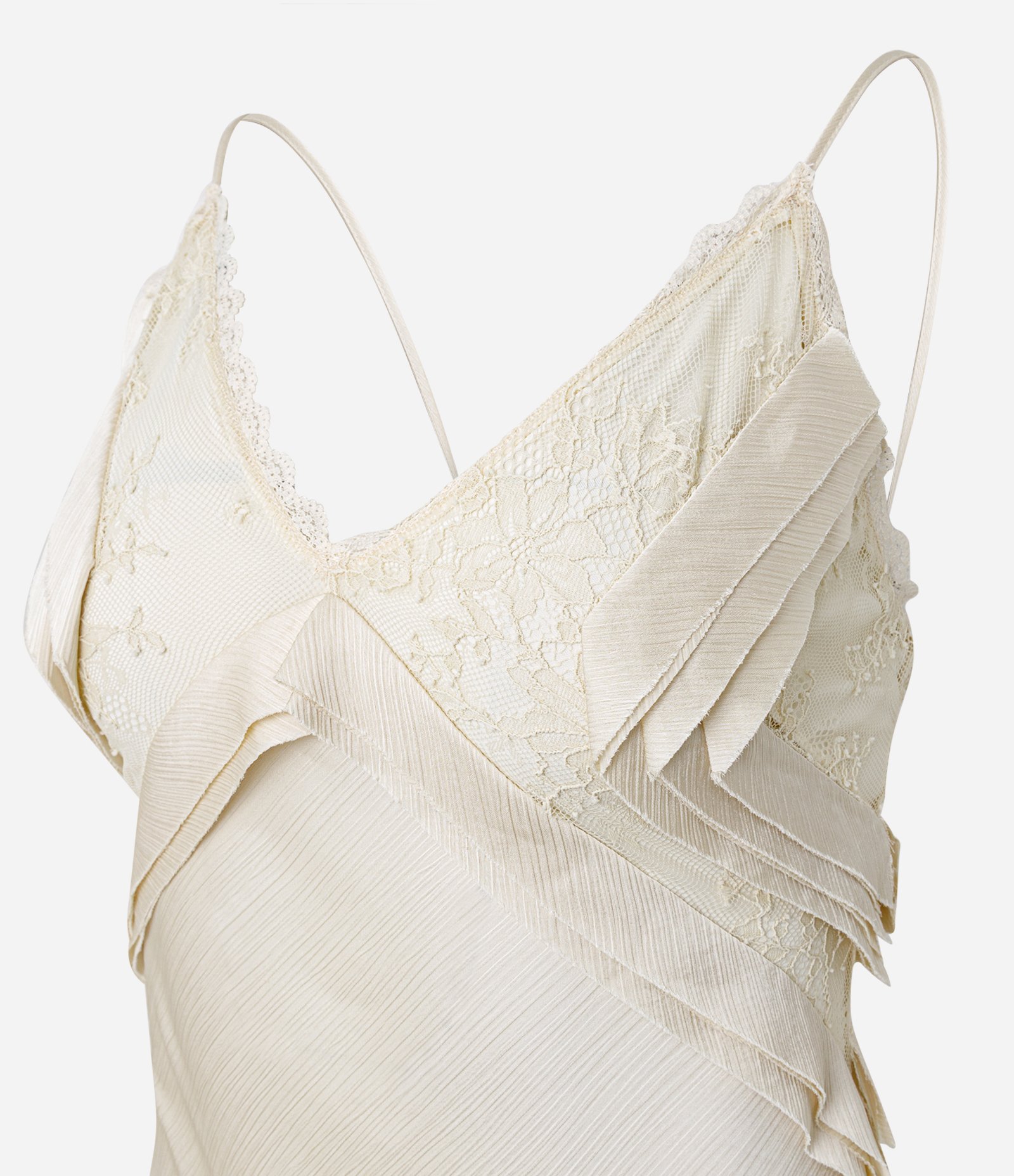 Vestido Longo Acetinado Texturizado com Renda e Babados Off White 6