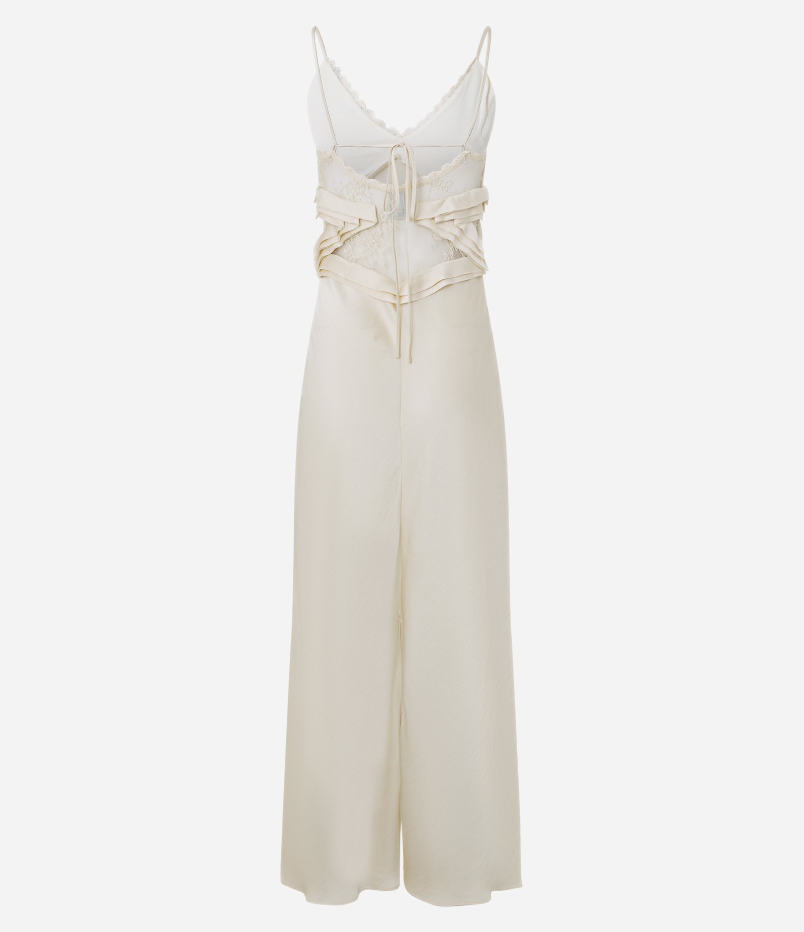 Vestido Longo Acetinado Texturizado com Renda e Babados Off White 7
