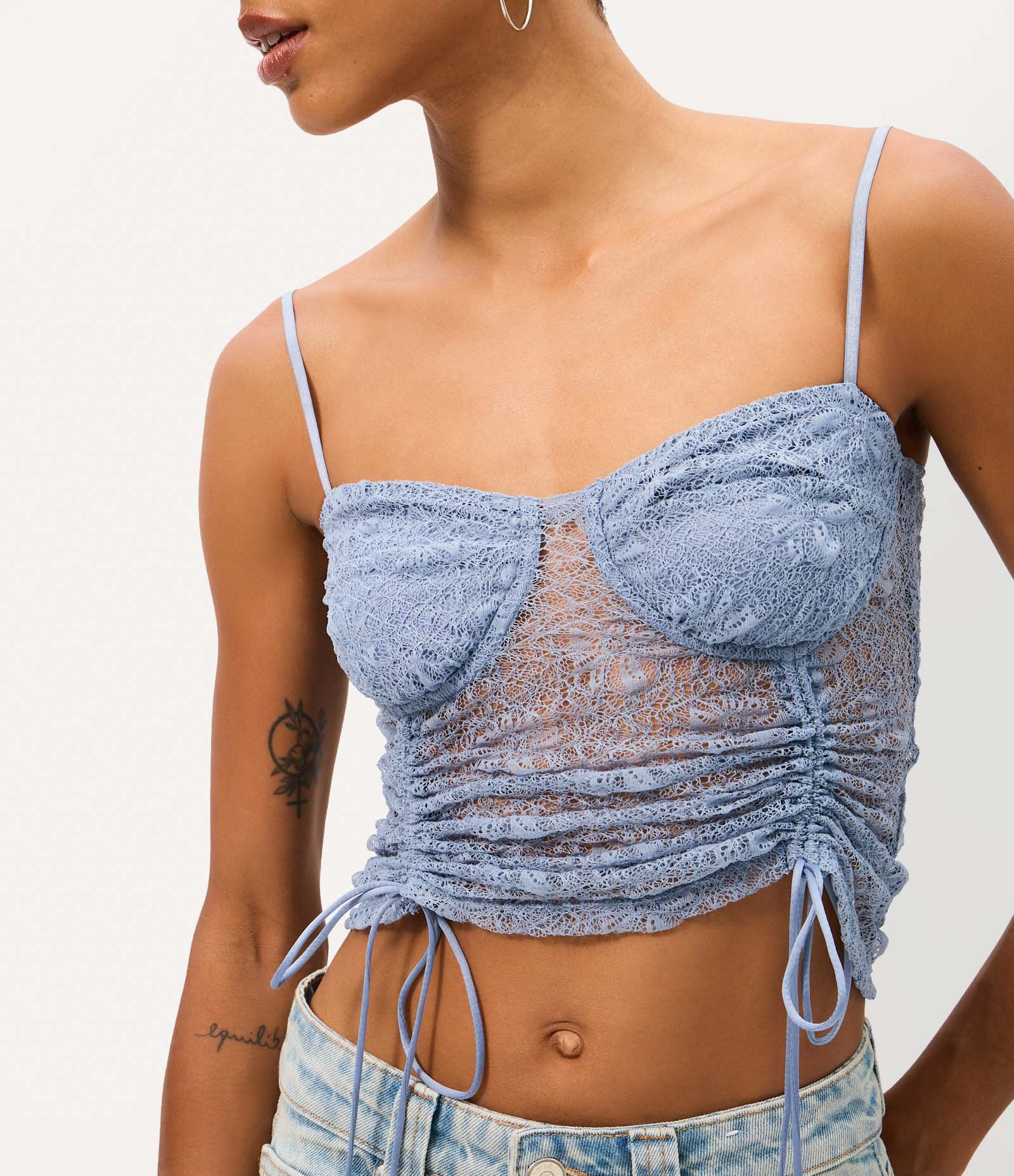 Blusa Corset em Renda com Alças Reguláveis e Amarrações Azul 3
