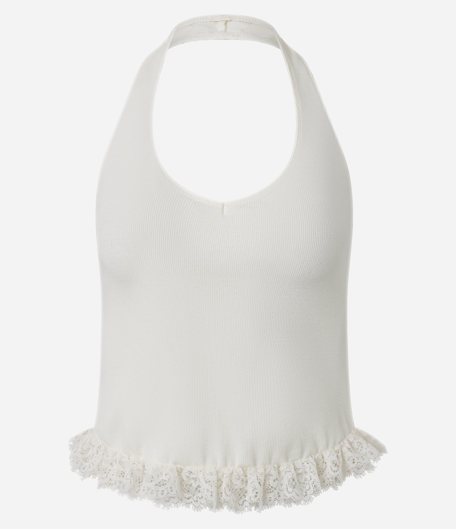 Blusa Frente Única Cropped em Ribana com Barra Rendada Dupla Branco 5