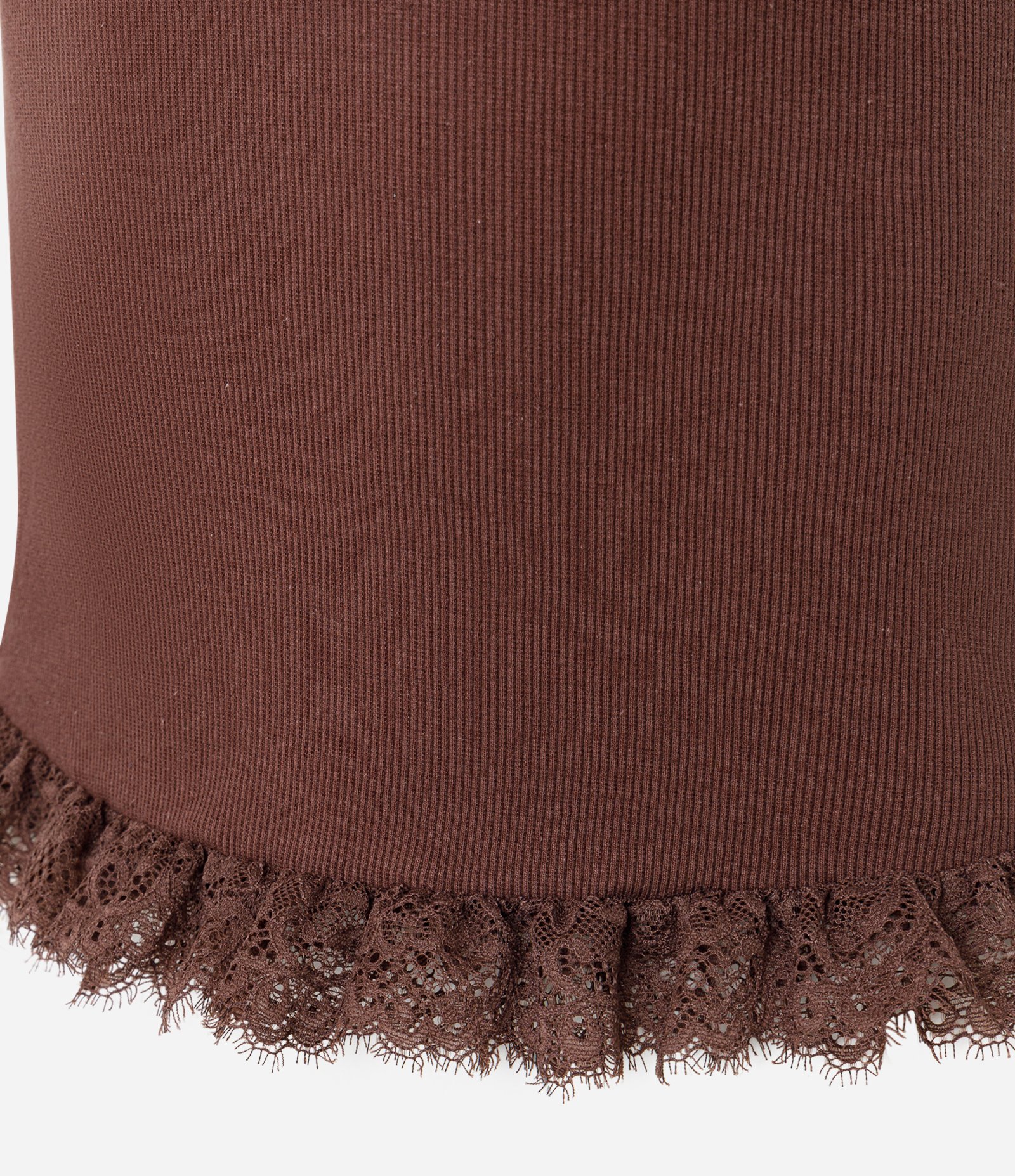 Blusa Frente Única Cropped em Ribana com Barra Rendada Dupla Marrom 7