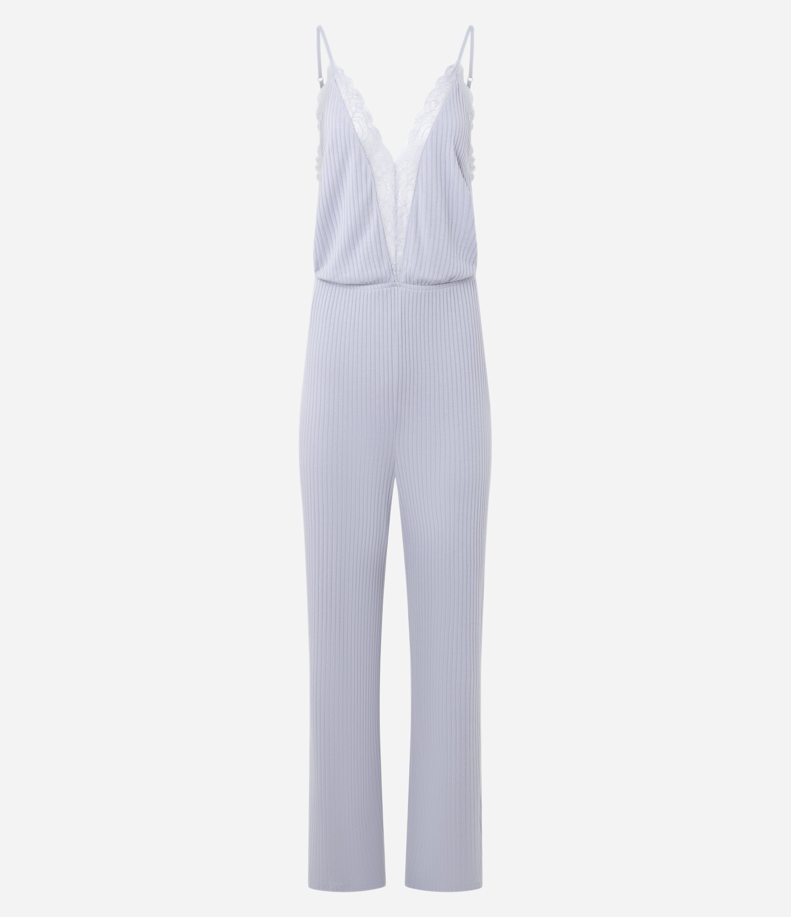 Pijama Macacão Longo em Ribana com Renda no Decote Roxo 5
