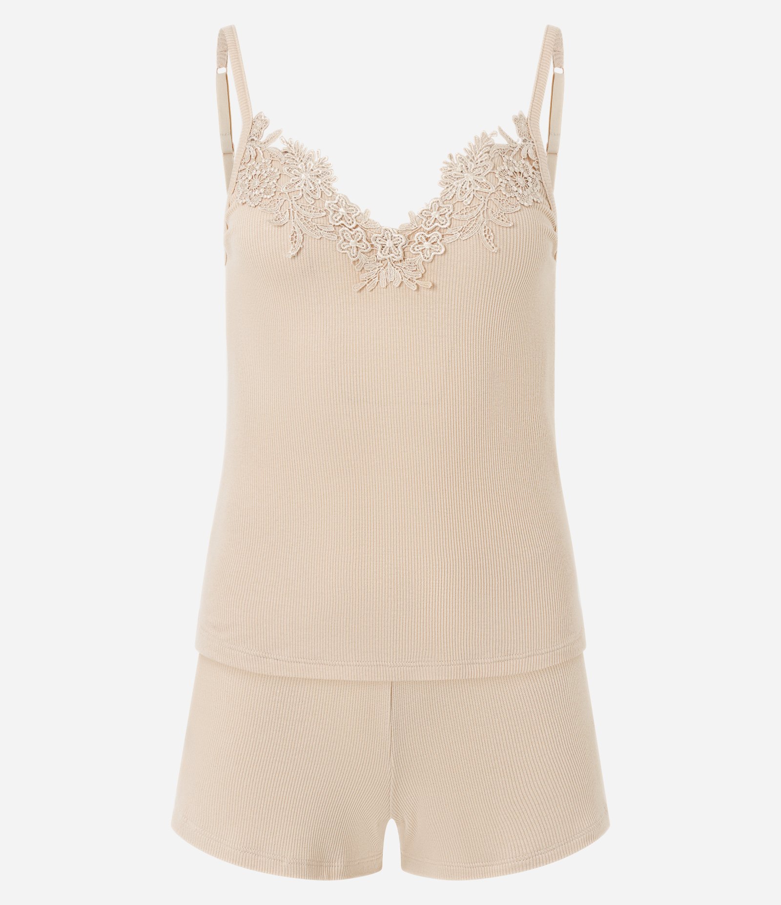Pijama Short Doll em Ribana com Detalhe Rendado Bege 5