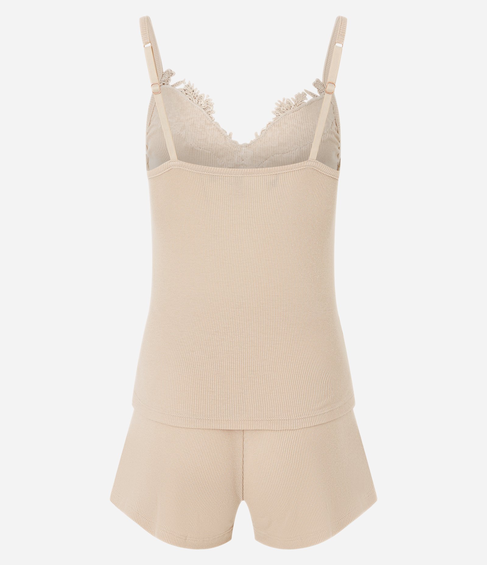Pijama Short Doll em Ribana com Detalhe Rendado Bege 8