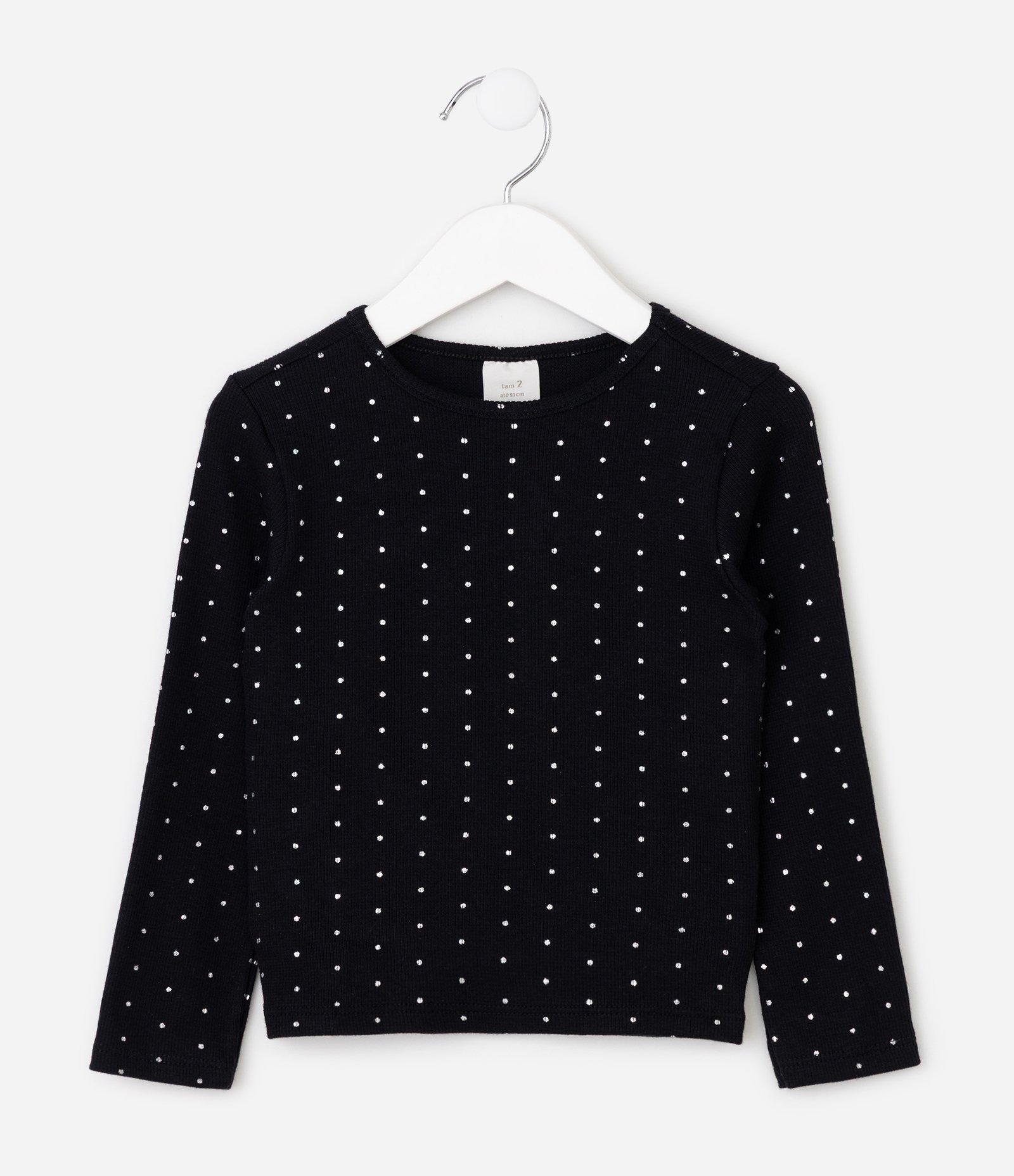 Blusa Slim Infantil em Ribana com Brilho em Poá – Tam 1 a 6 Anos Preto 1