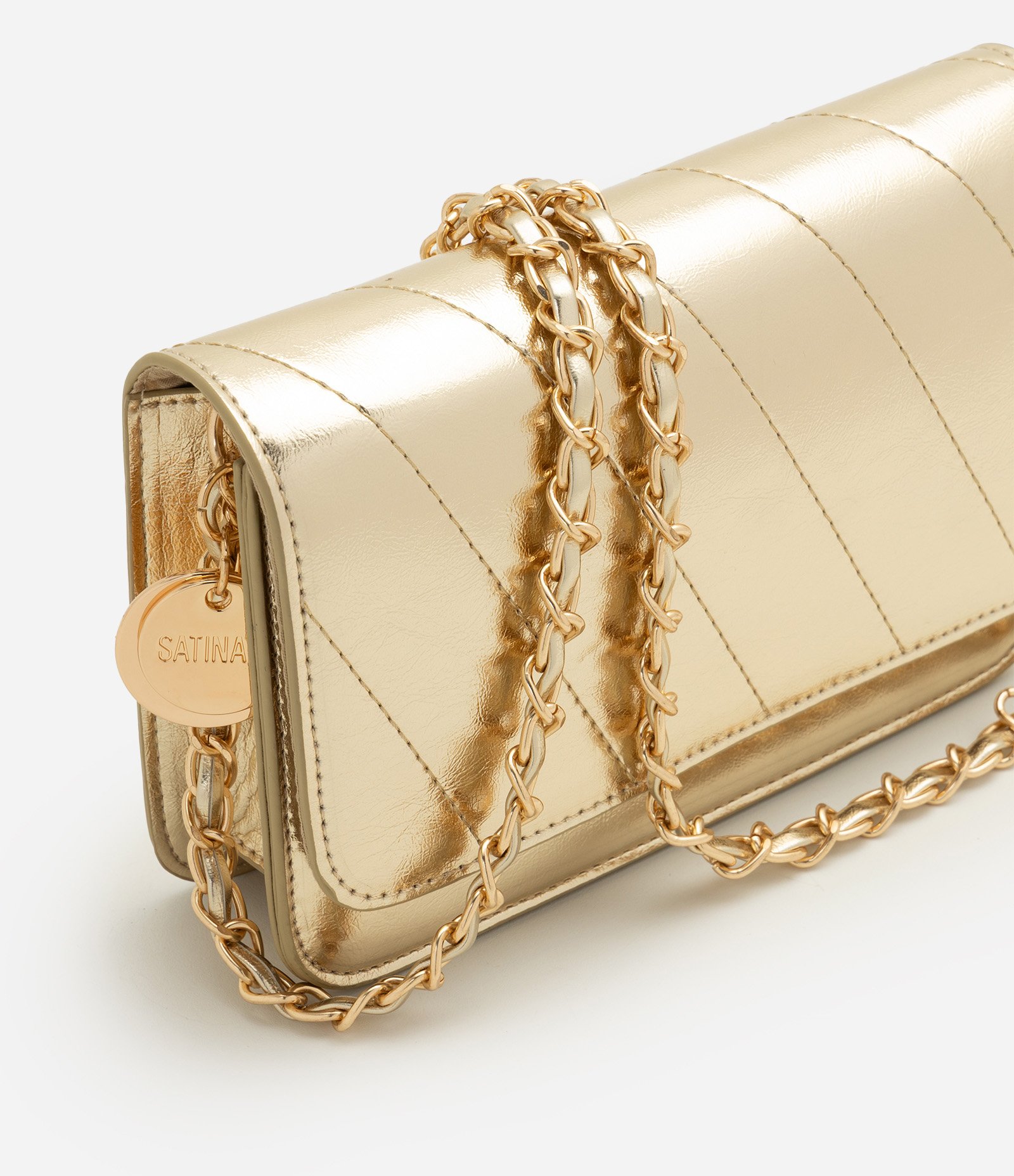 Bolsa Pequena Transversal em PU com Tampa e Alça de Corrente Dourado 4