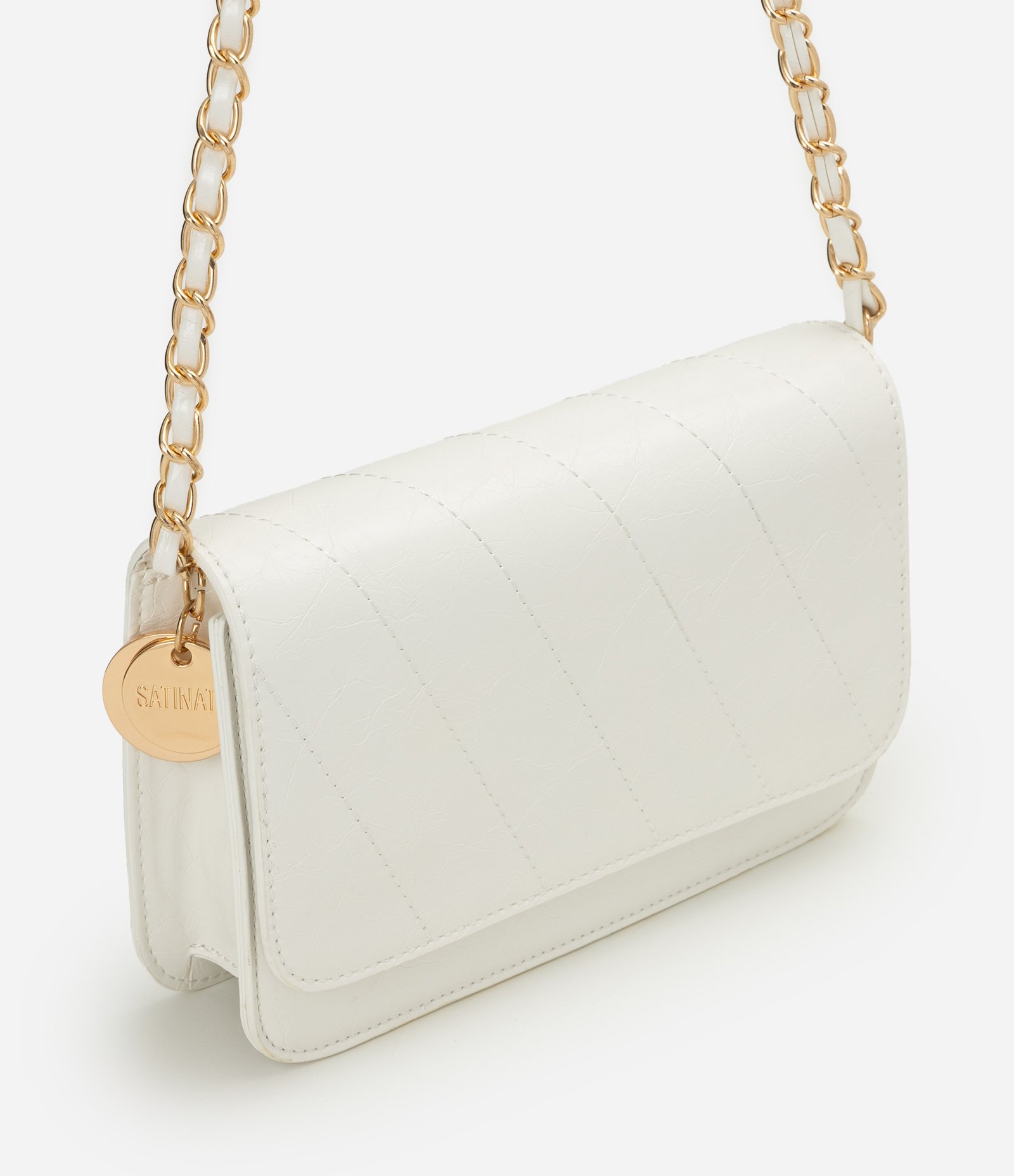 Bolsa Pequena Transversal em PU com Tampa e Alça de Corrente Off White 1