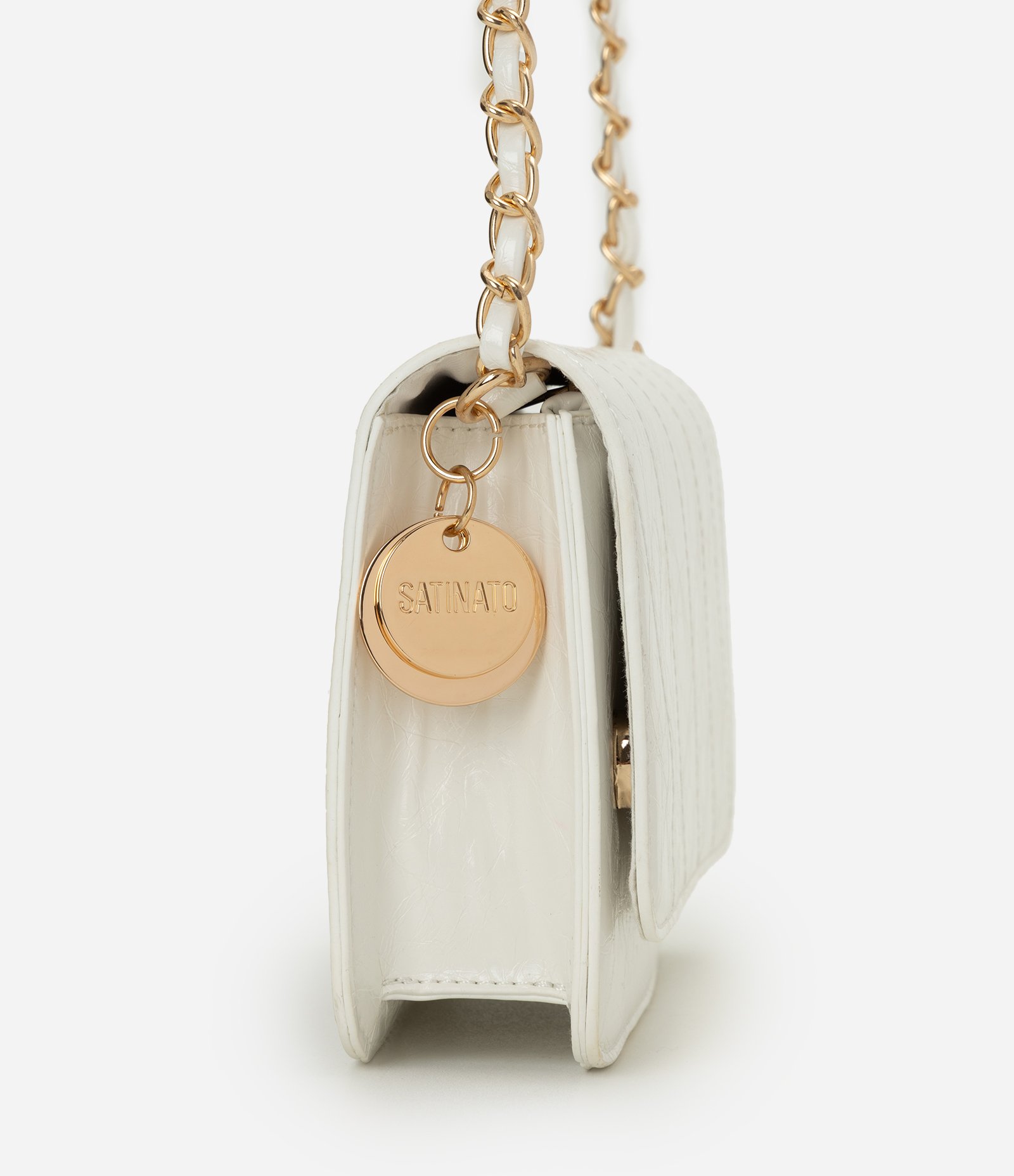 Bolsa Pequena Transversal em PU com Tampa e Alça de Corrente Off White 2