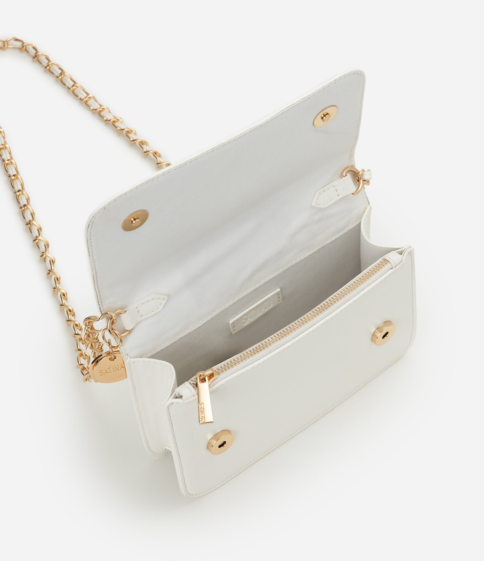 Bolsa Pequena Transversal em PU com Tampa e Alça de Corrente Off White 4