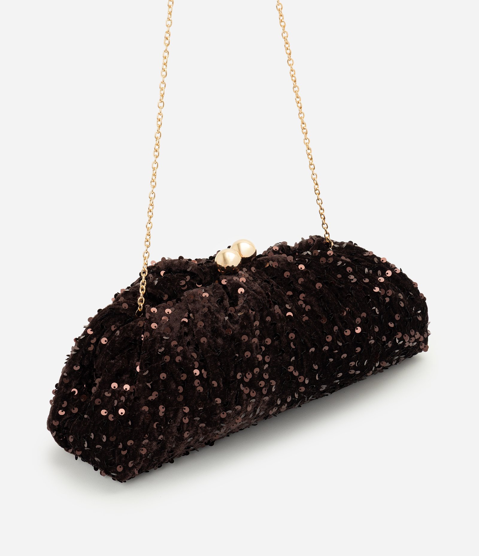 Bolsa Clutch Média com Paetês e Fecho Esfera Marrom 1
