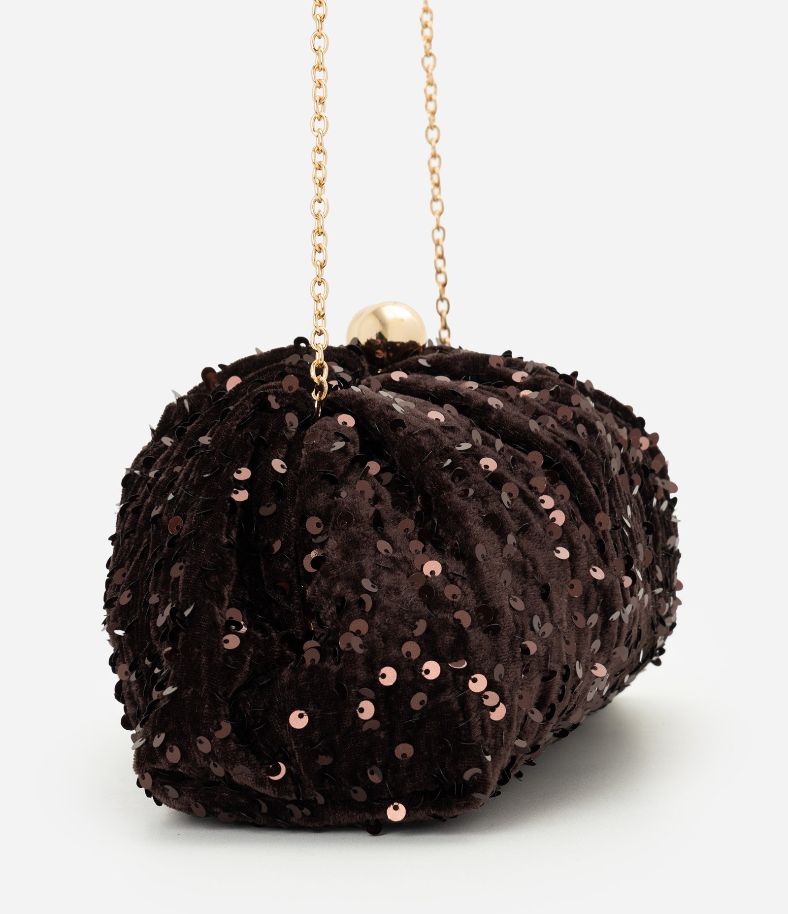 Bolsa Clutch Média com Paetês e Fecho Esfera Marrom 2