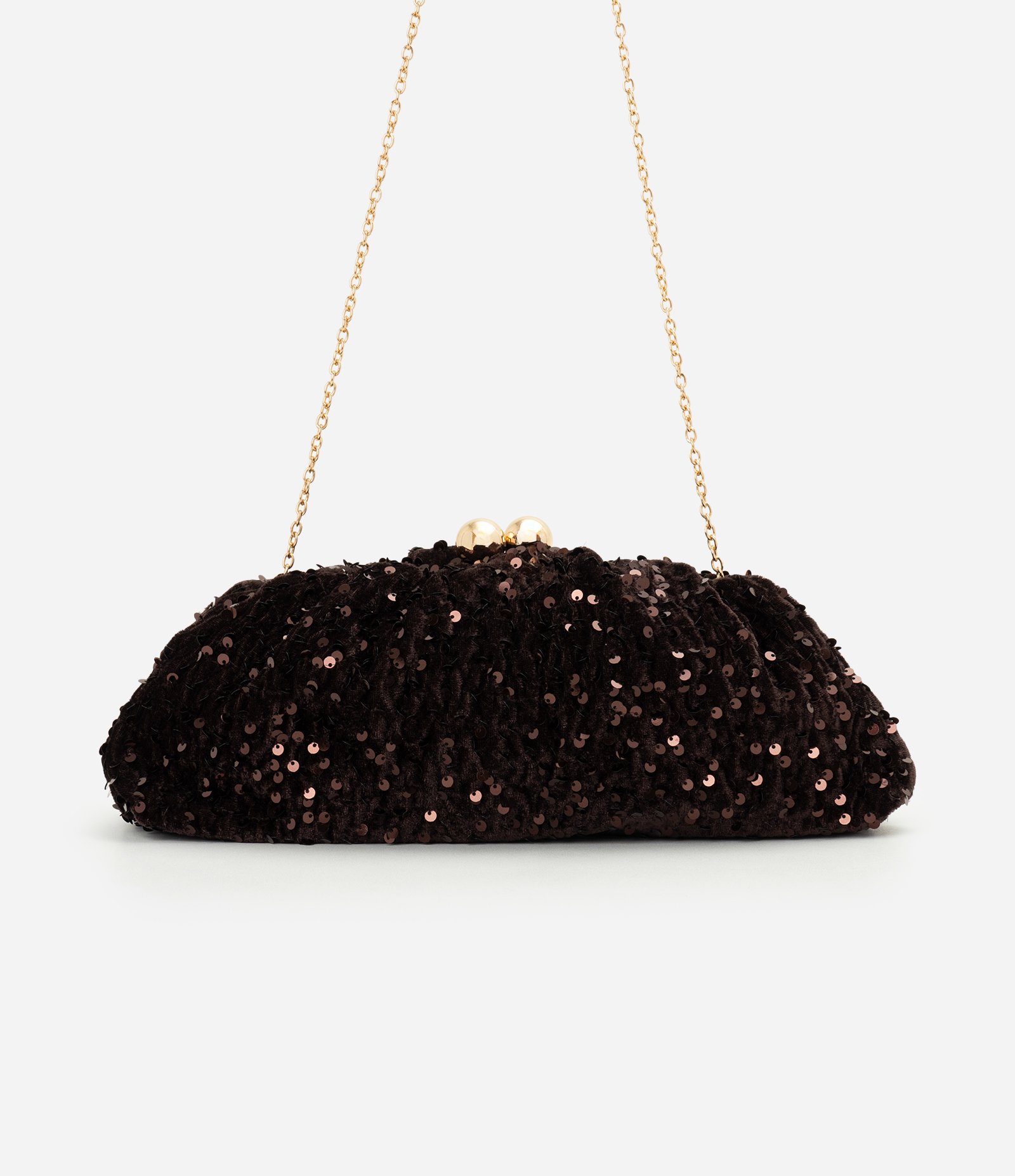 Bolsa Clutch Média com Paetês e Fecho Esfera Marrom 3