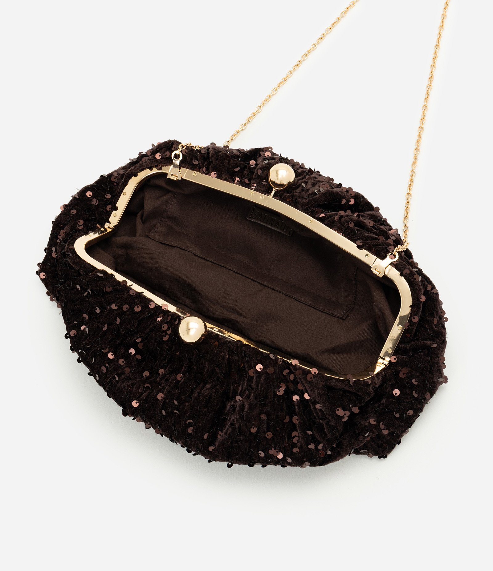Bolsa Clutch Média com Paetês e Fecho Esfera Marrom 4