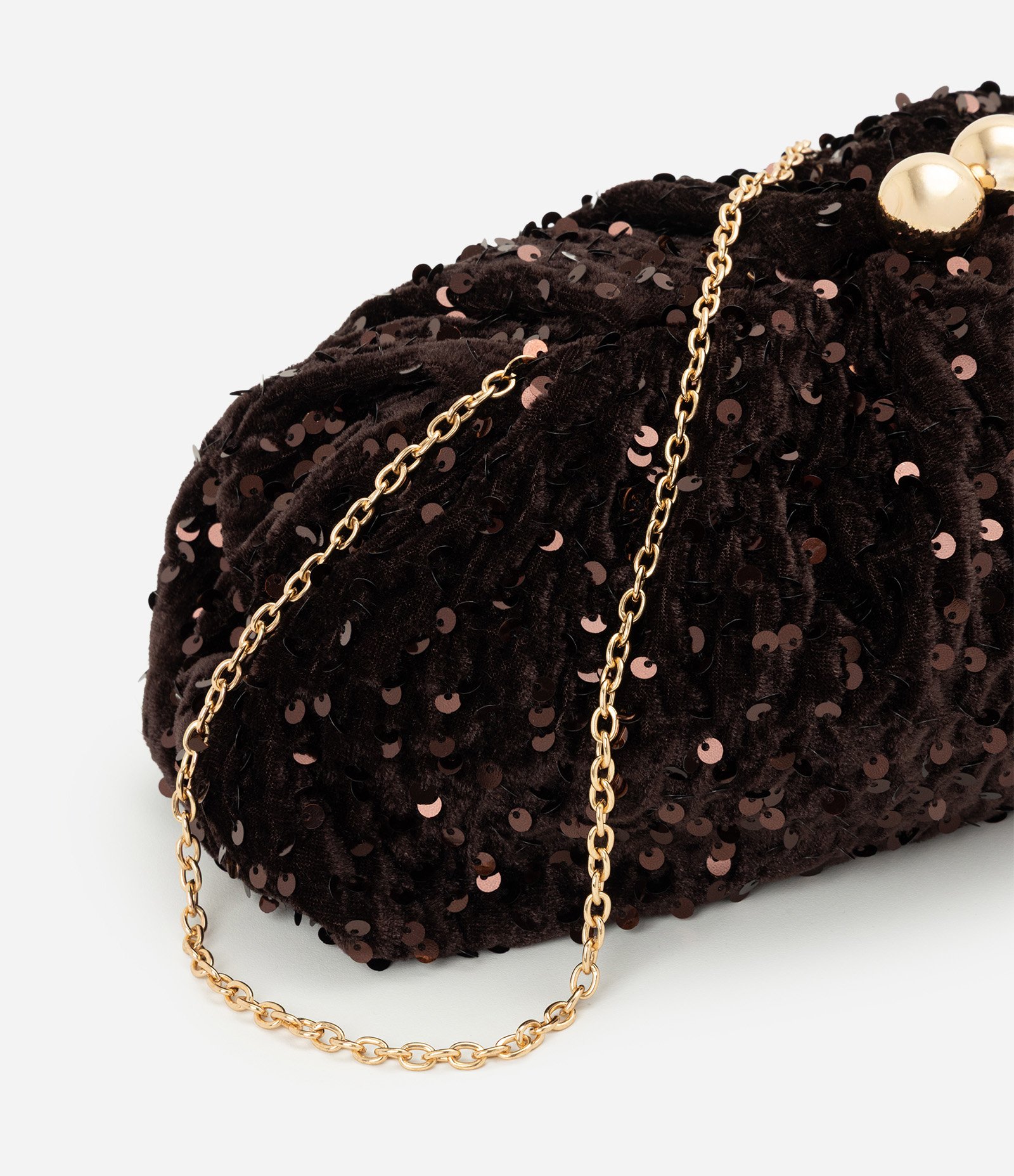 Bolsa Clutch Média com Paetês e Fecho Esfera Marrom 5