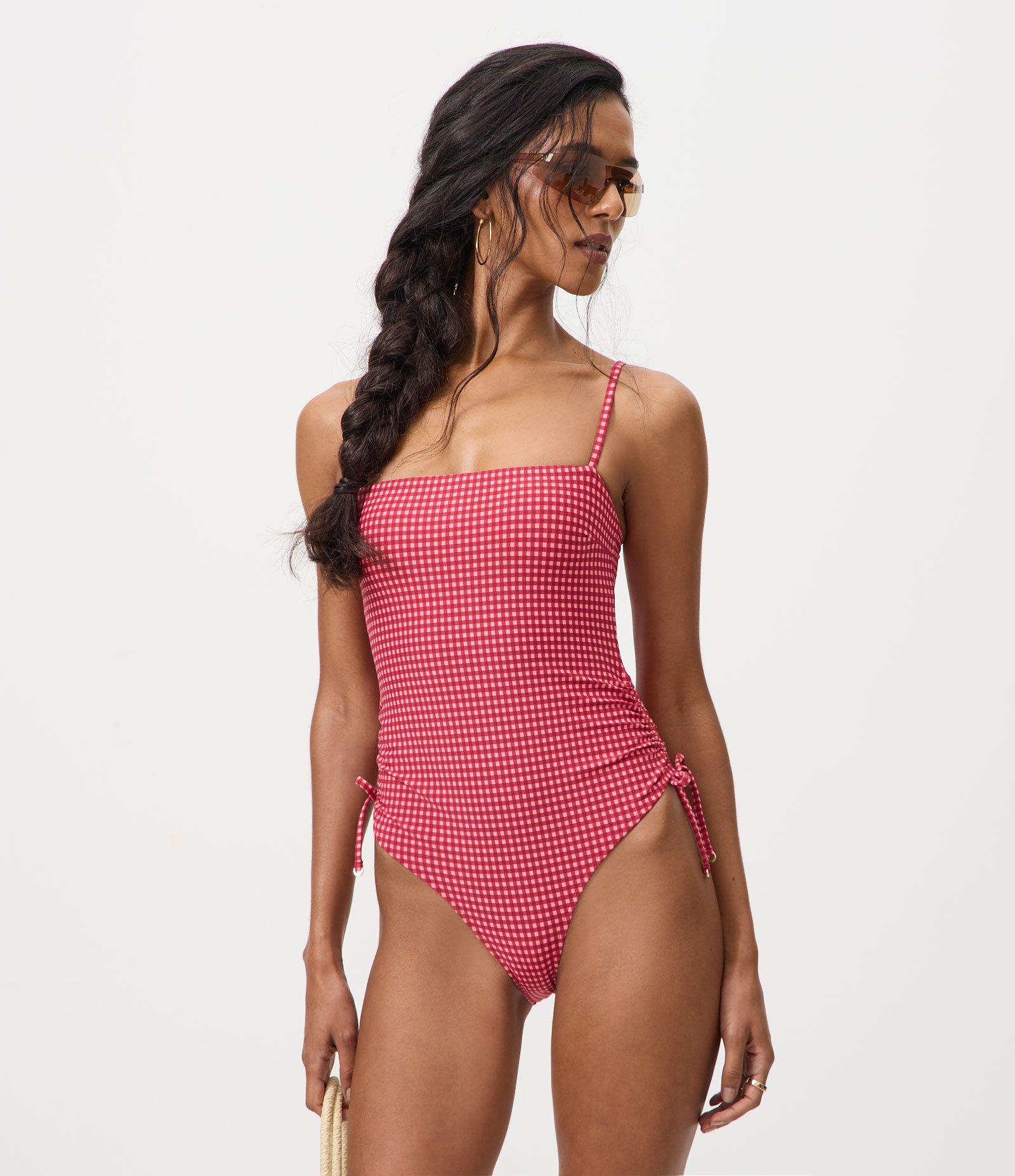 Maiô com Franzido Lateral e Estampa Xadrez Vichy Vermelho 2