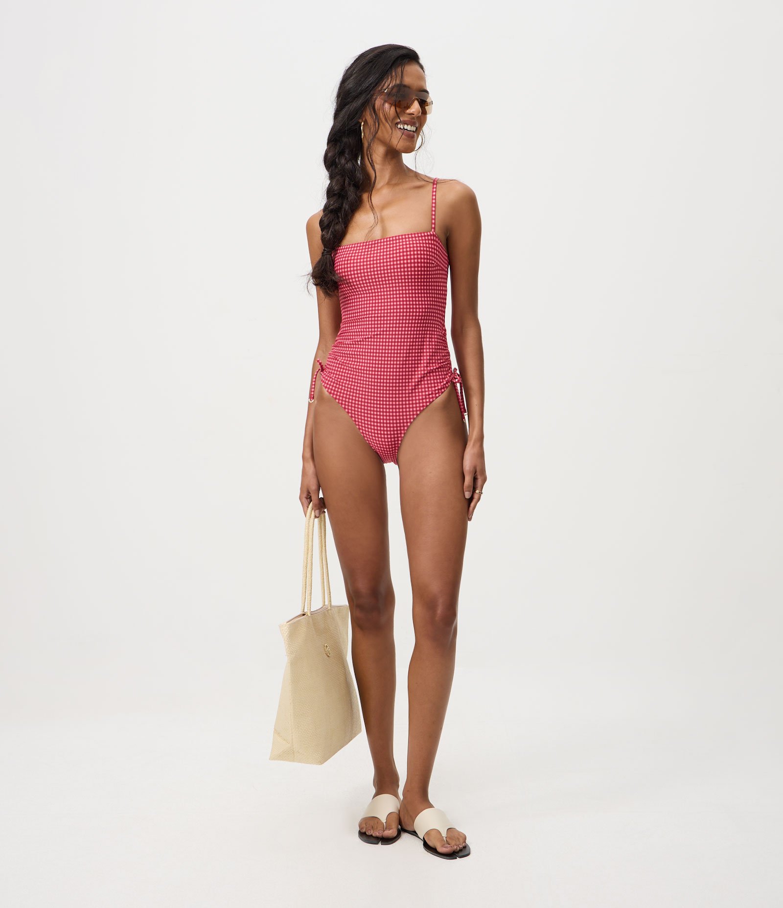 Maiô com Franzido Lateral e Estampa Xadrez Vichy Vermelho 3