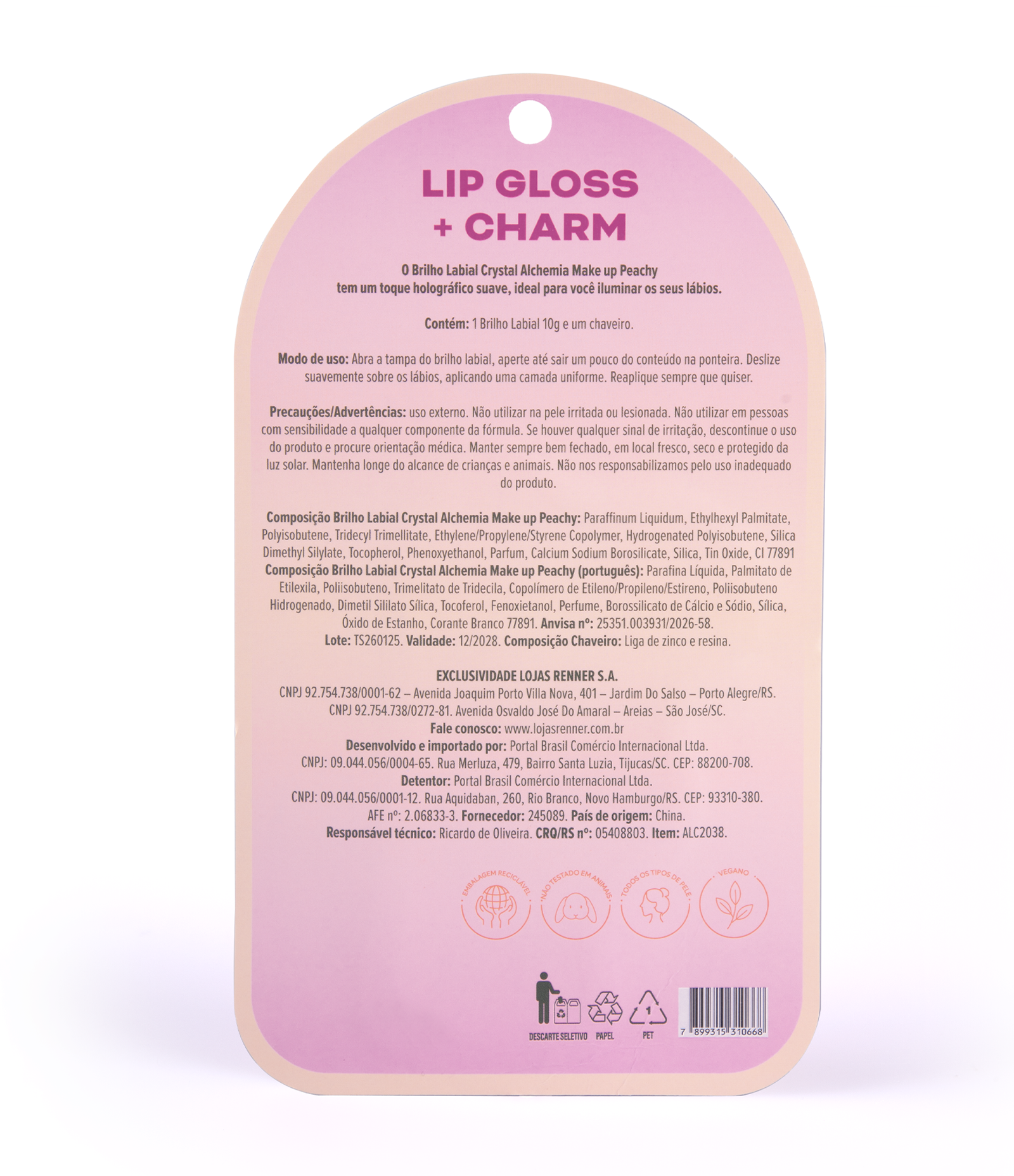 Kit Lip Gloss + Chaveiro Charm Peach Lips Alchemia KIT 4
