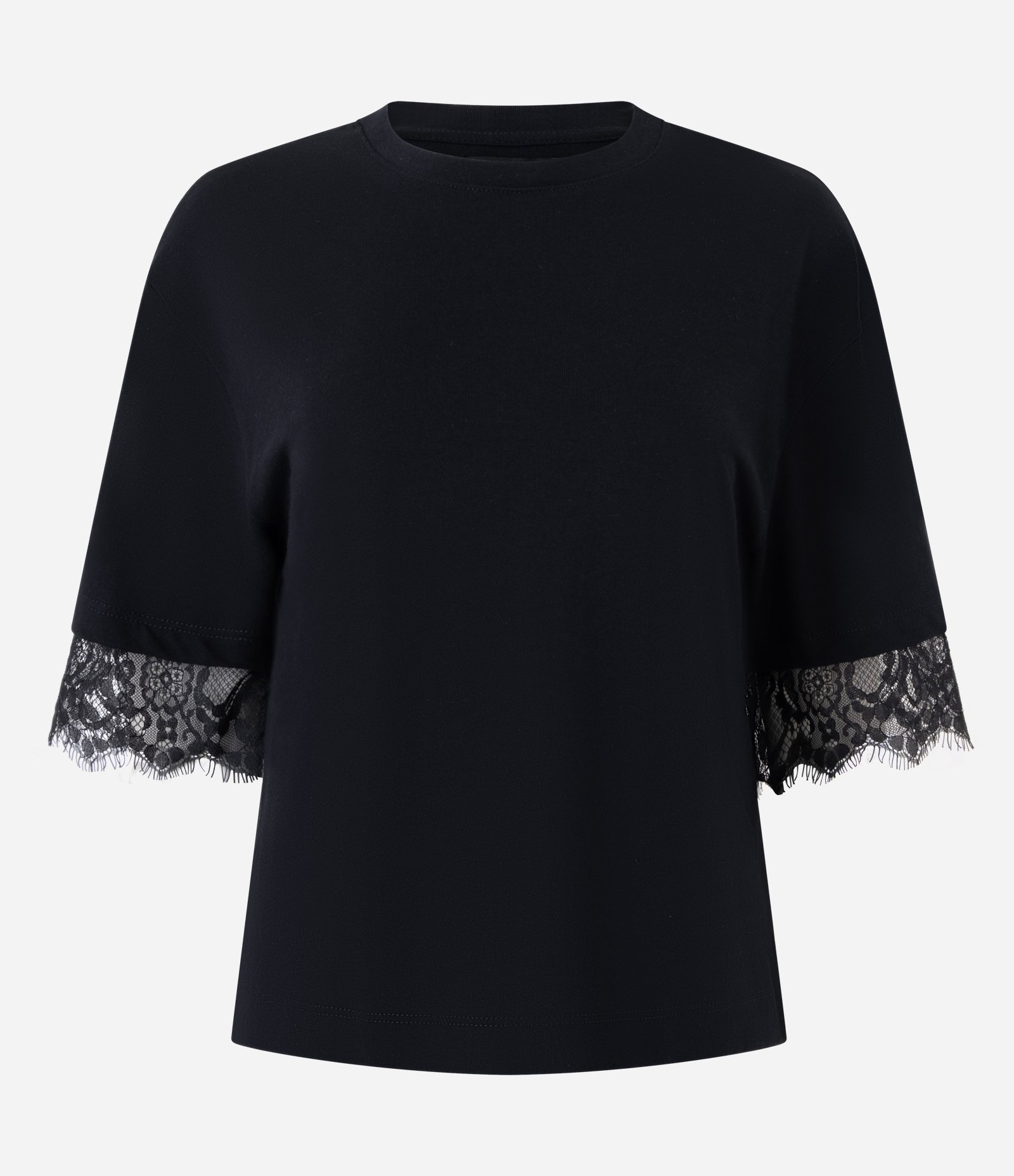 Camiseta em Algodão com Renda Aplicada nas Mangas Preto 1