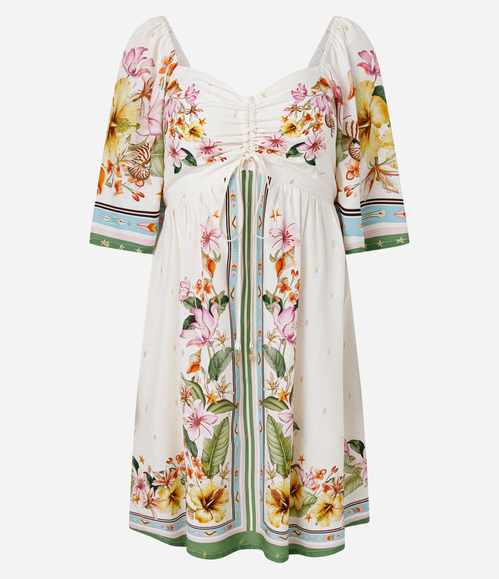 Vestido Floral Curto em Viscose com Decote Coração e Amarração Frontal Off White 1