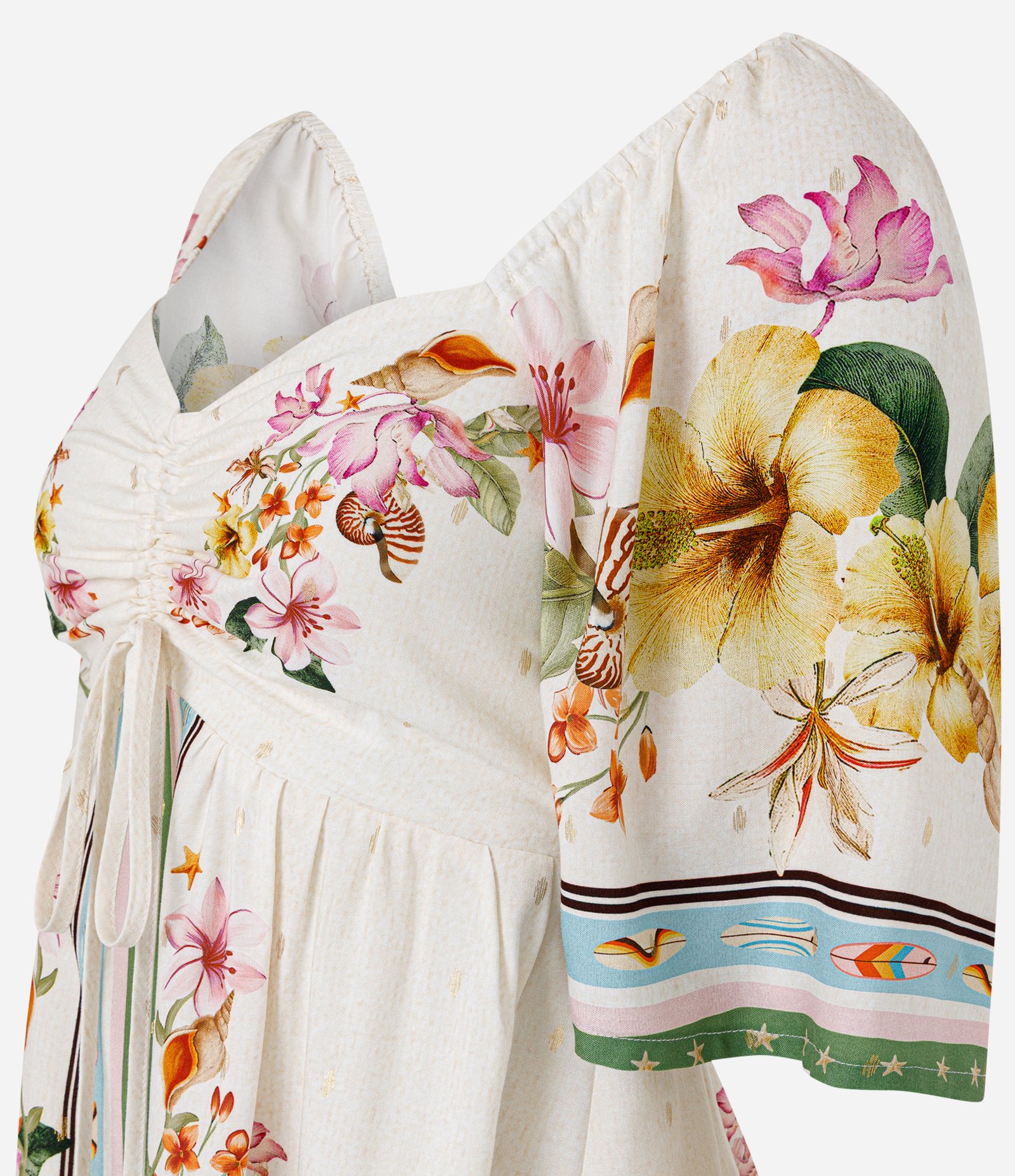 Vestido Floral Curto em Viscose com Decote Coração e Amarração Frontal Off White 3