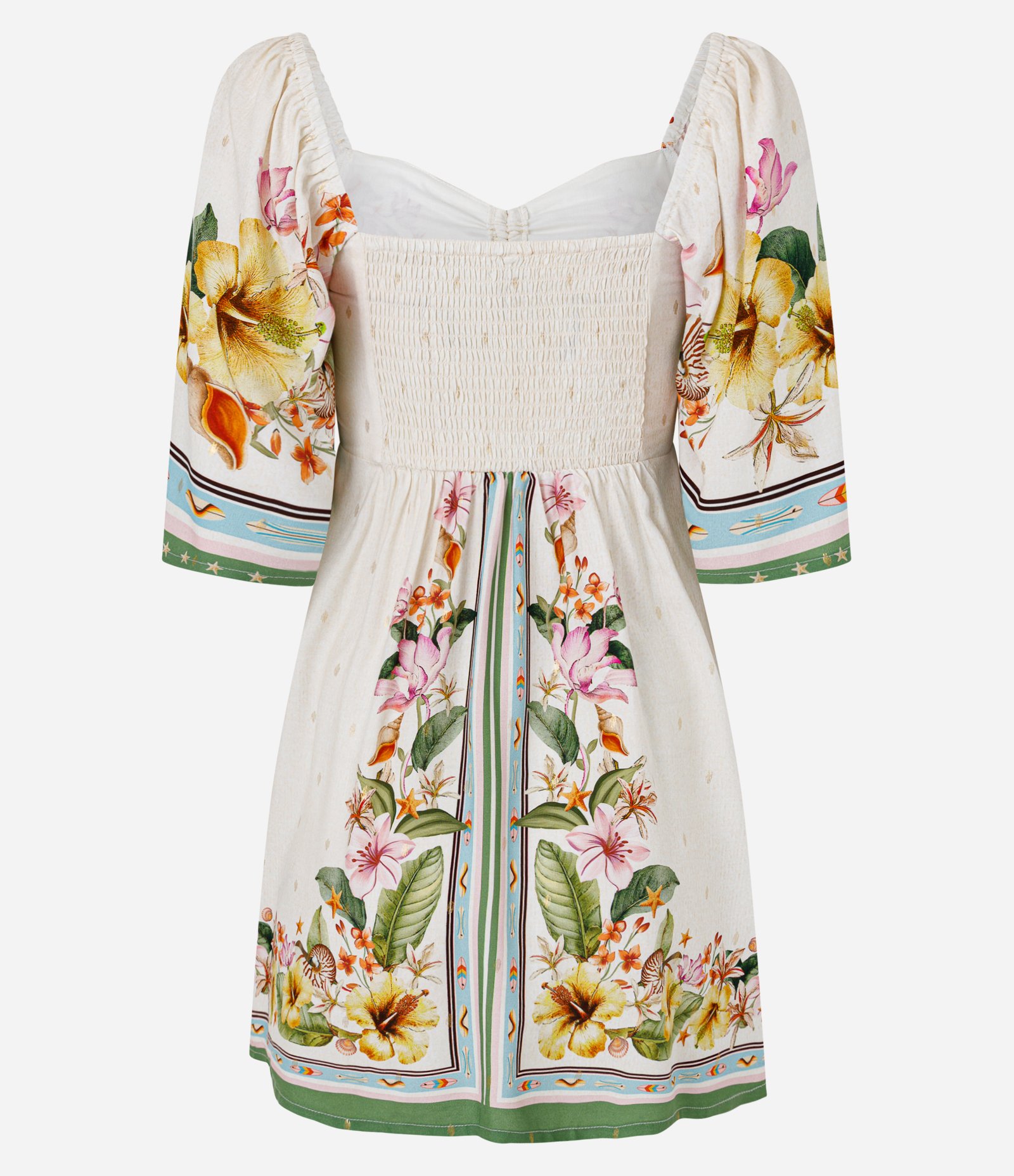 Vestido Floral Curto em Viscose com Decote Coração e Amarração Frontal Off White 4