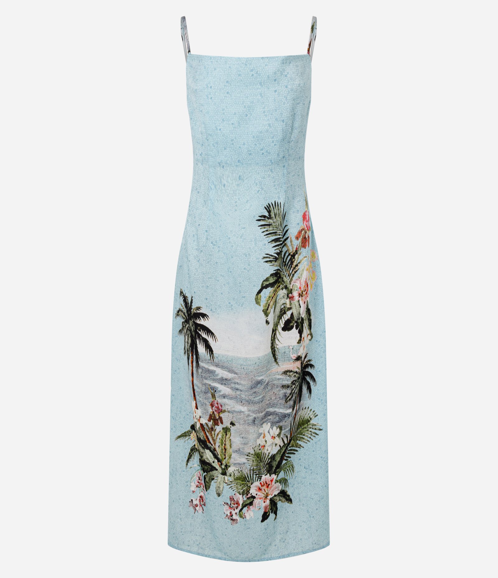 Vestido Long Midi com Estampa Tropical e Decote Degagê Azul 1